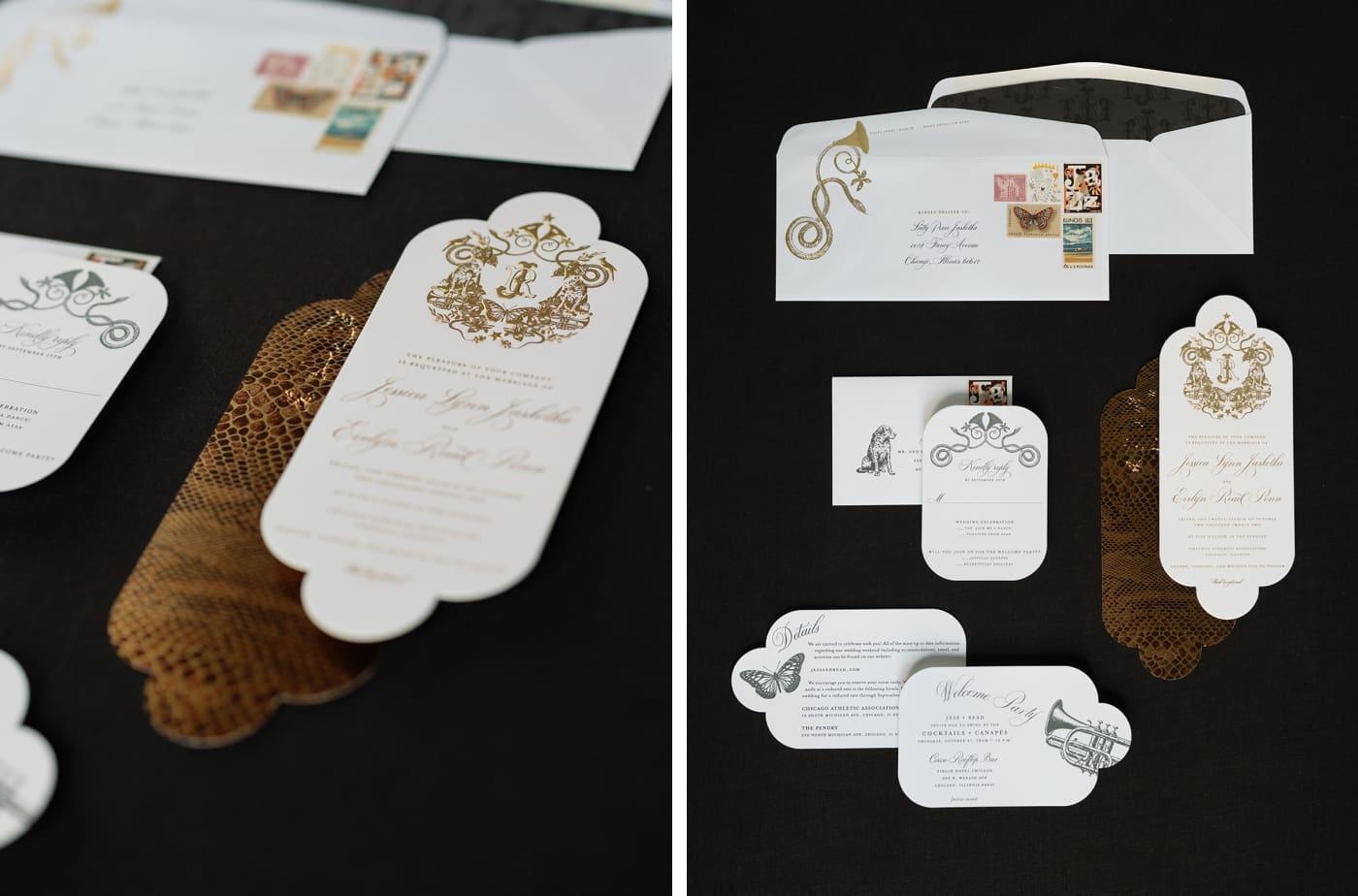 A black, white, and gold invitation suite on a black background