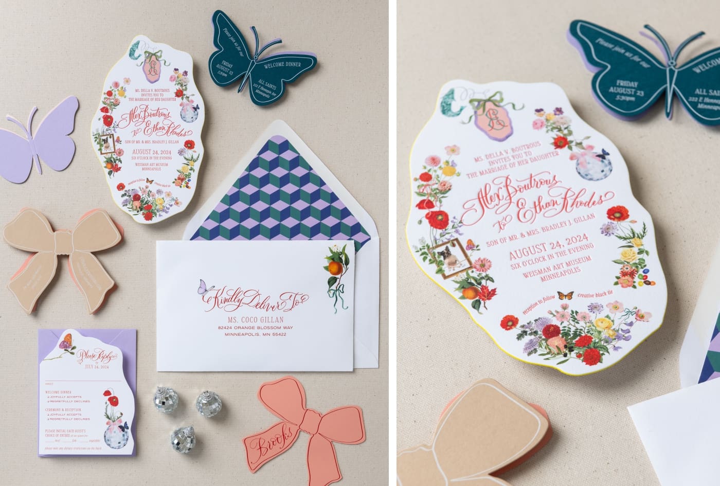 A wedding invitation flat lay with bright colors and butterfly cut-outs