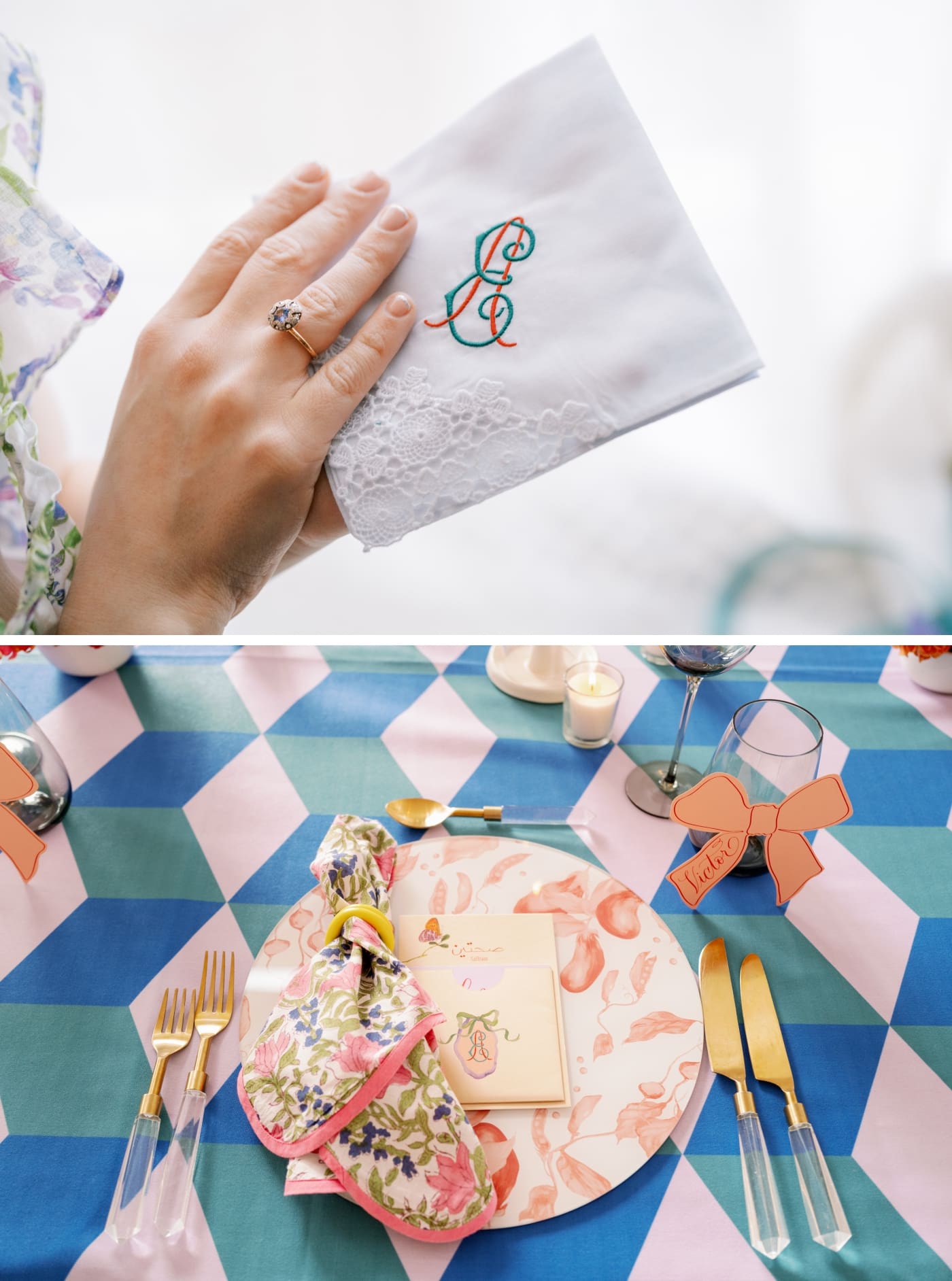 A table place setting on a colorful tablecloth with pink, blue, and green
