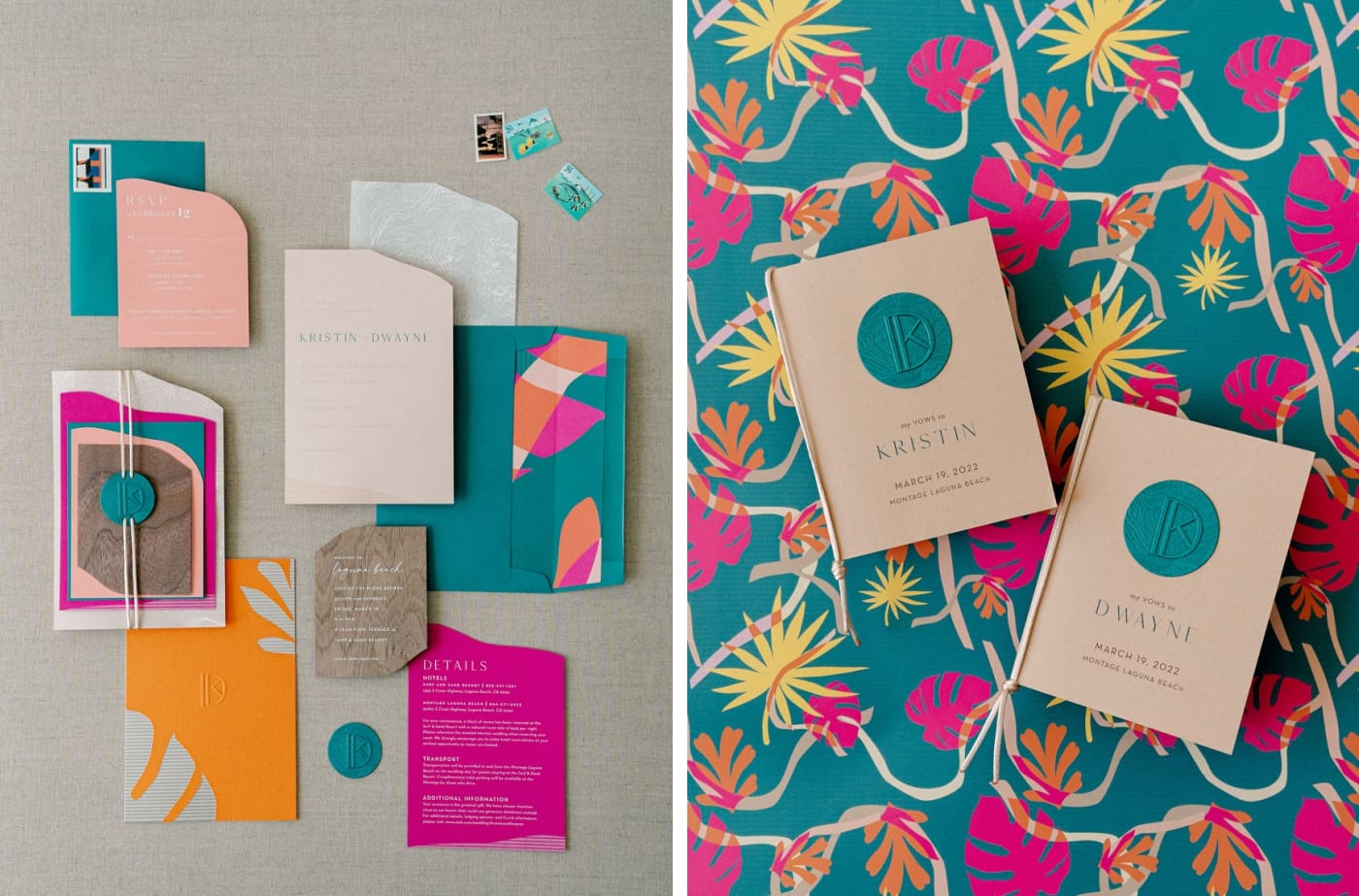 a flat-lay of tropical custom wedding stationery designs