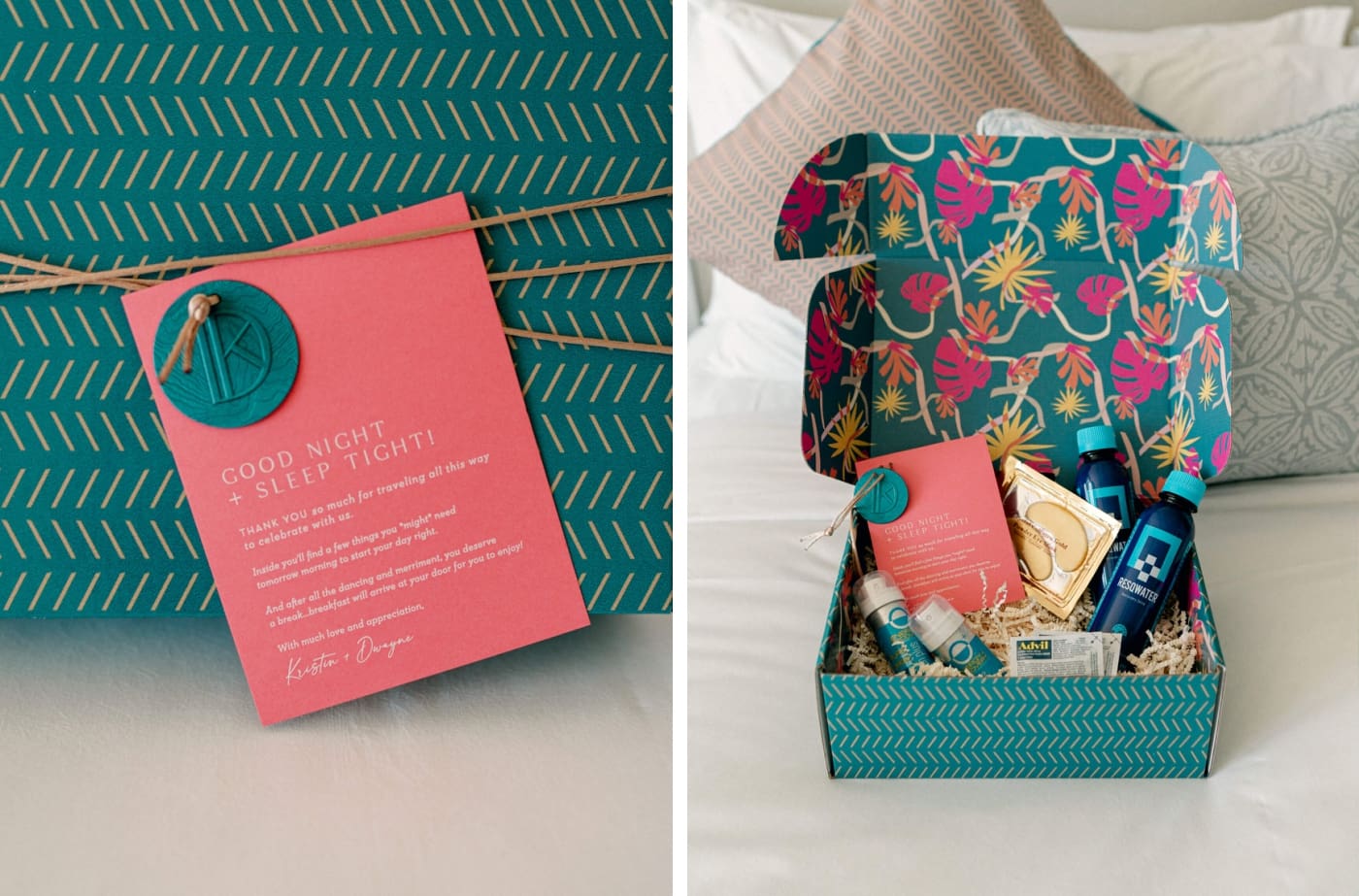 A destination wedding guest box with custom stationery design