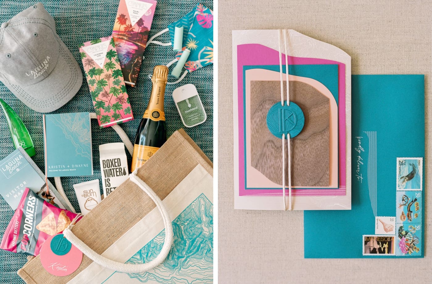 A flat-lay of a wedding invitation suite in bright, coastal colors