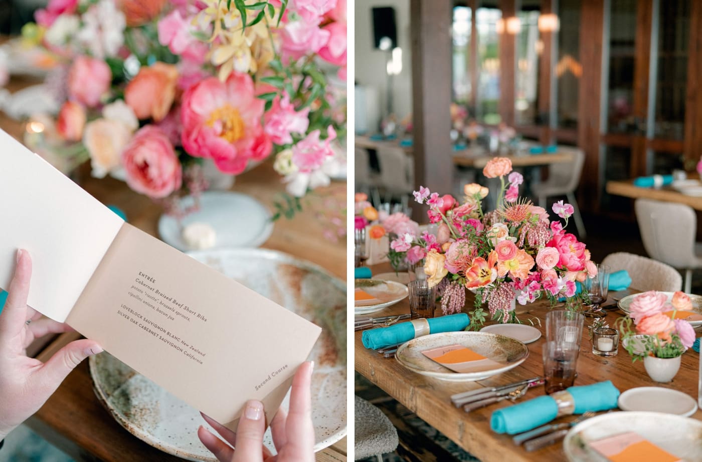 A wedding reception table set with bright pink flowers and blue napkins and a custom menu