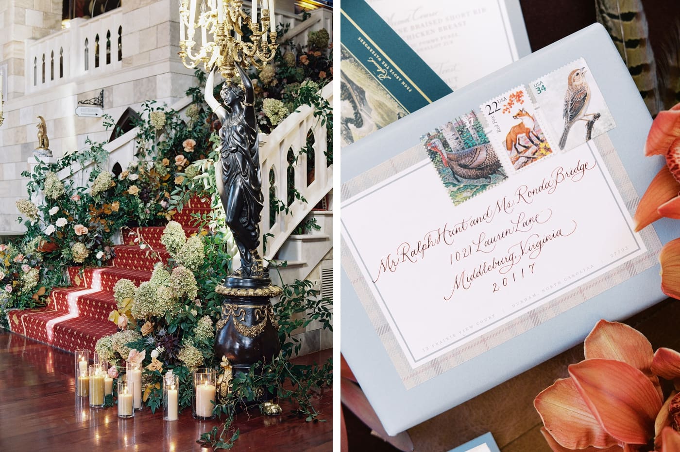 A wedding invitation envelope with vintage stamps