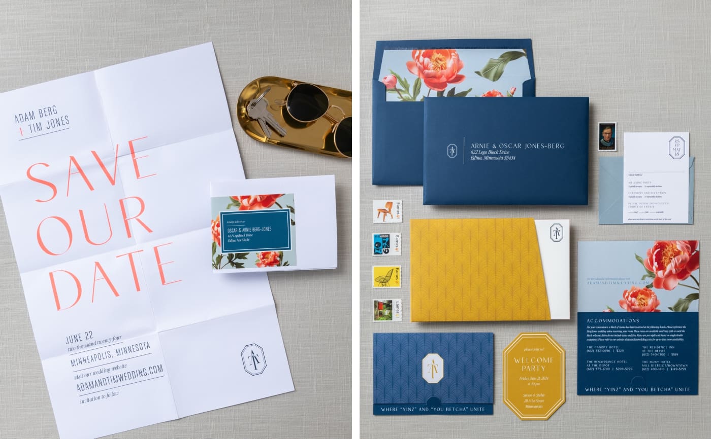 A poster-sized save the date with a blue and yellow invitation suite