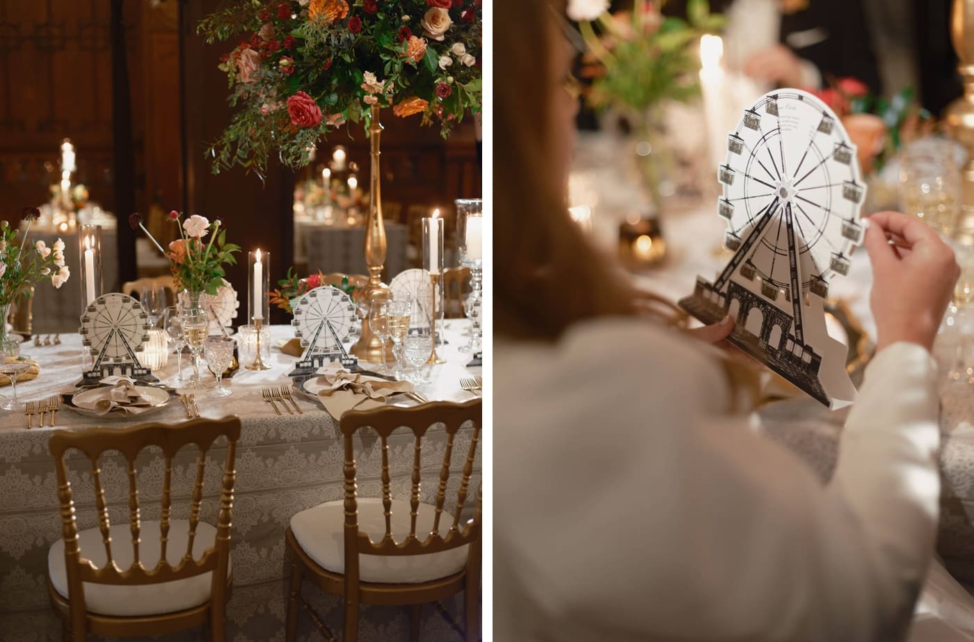 A wedding stationery idea of a wedding menu shaped like a Ferris wheel