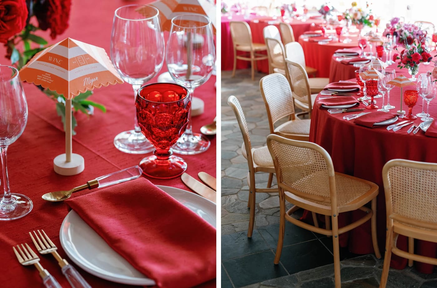 A custom menu designed as a mini umbrella standing on a red tablecloth