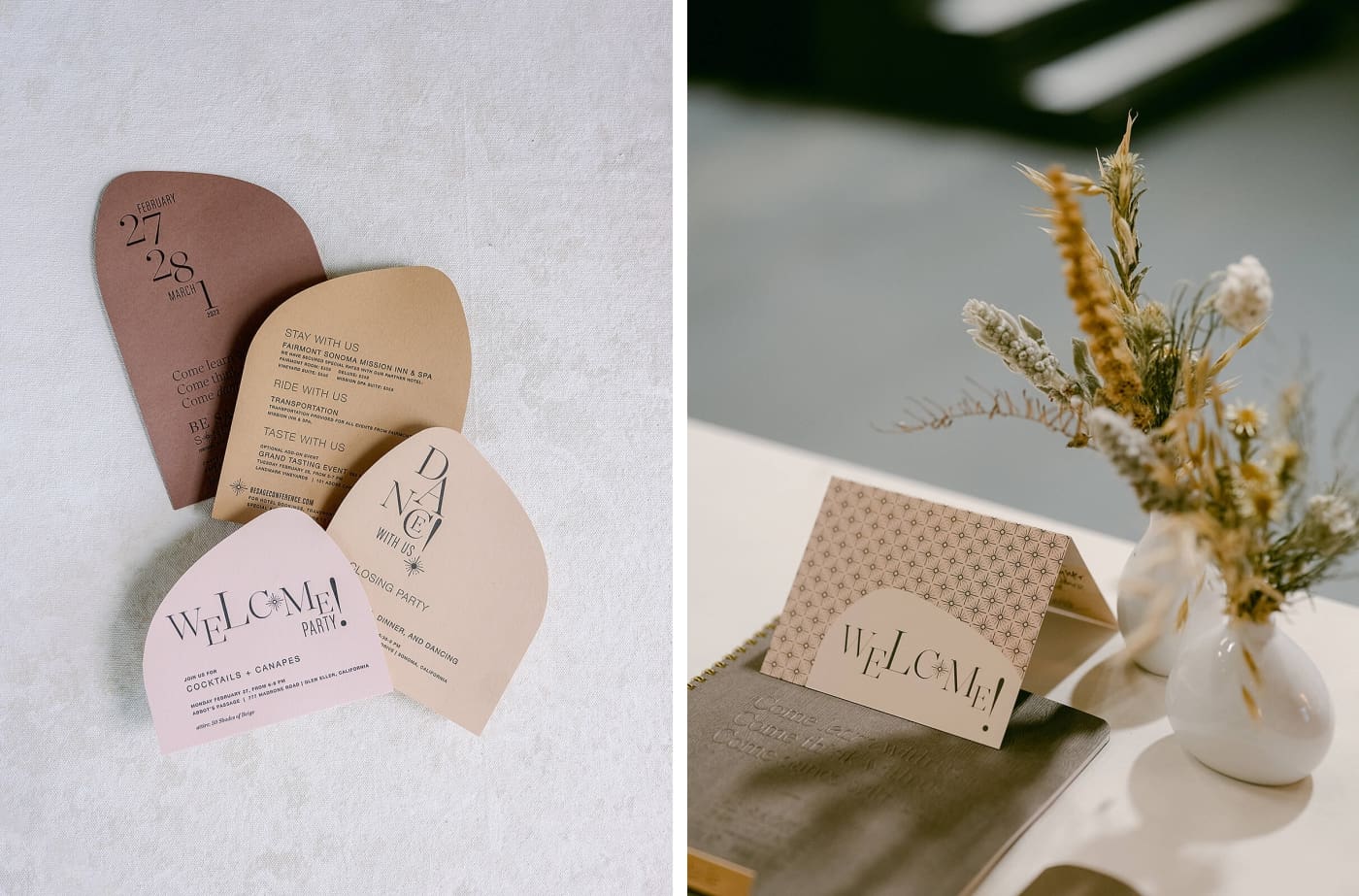 Welcome cards designed with beige conference branding in mind