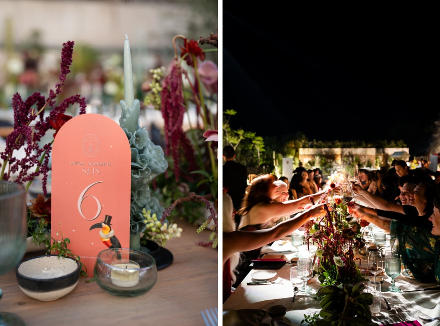 Table numbers with pink and tropical conference branding