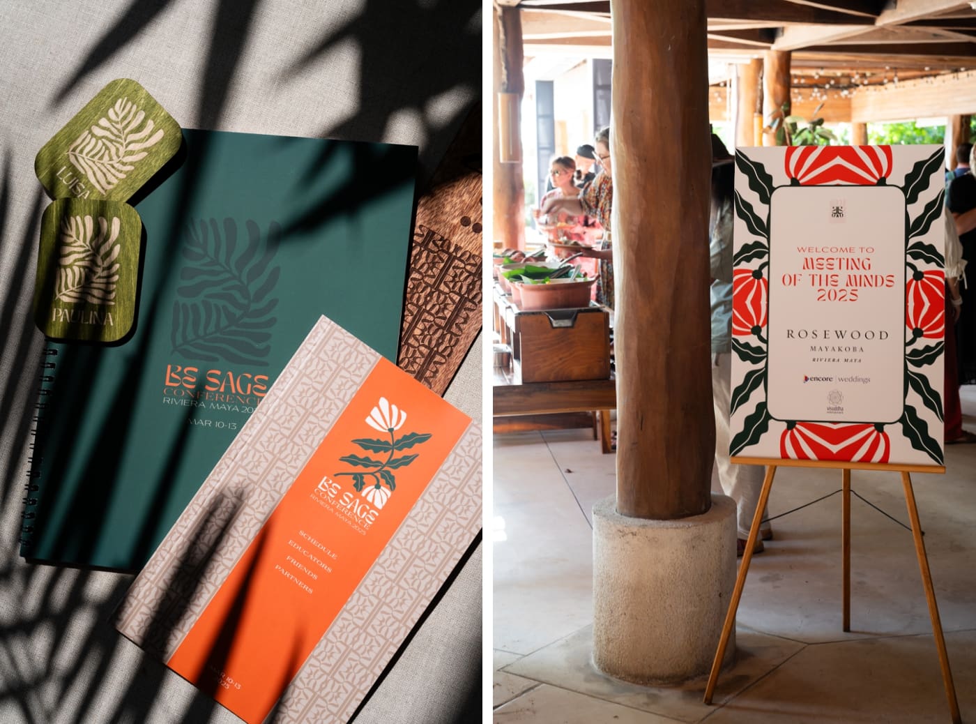 Jungle-themed conference branding papers and a welcome sign