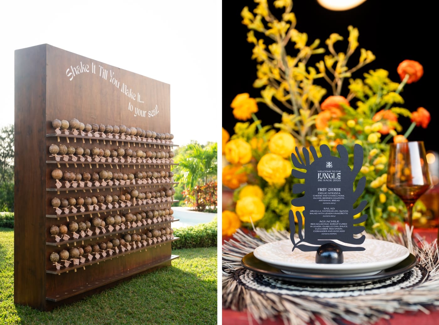 A seating chart with hand-carved wooden maracas for the Be Sage conference in 2025