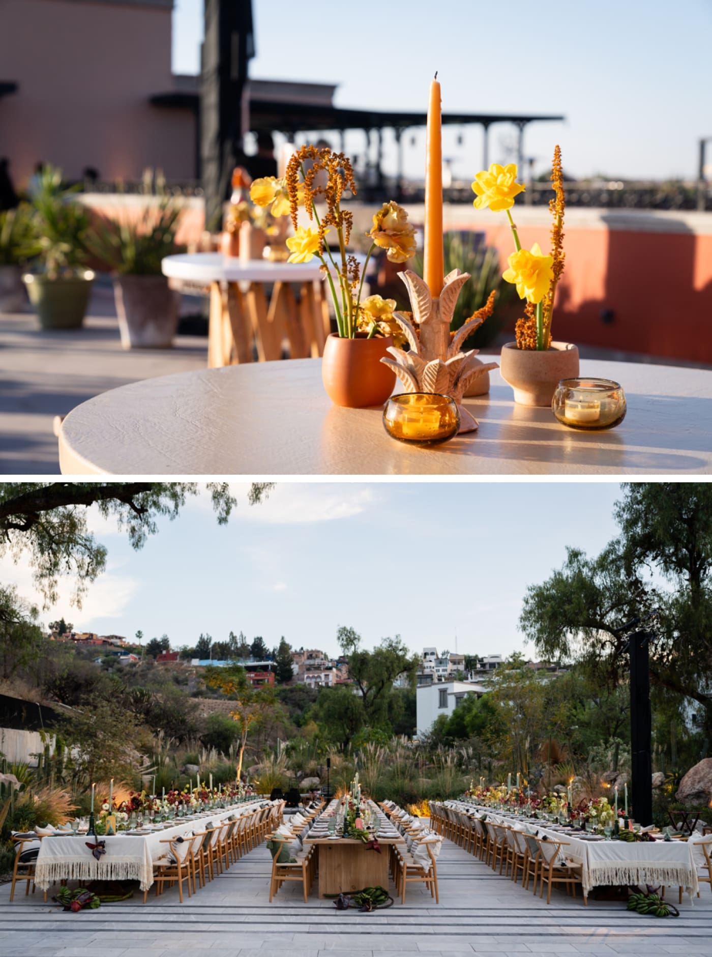 Long family-style tables for a conference in San Miguel de Allende