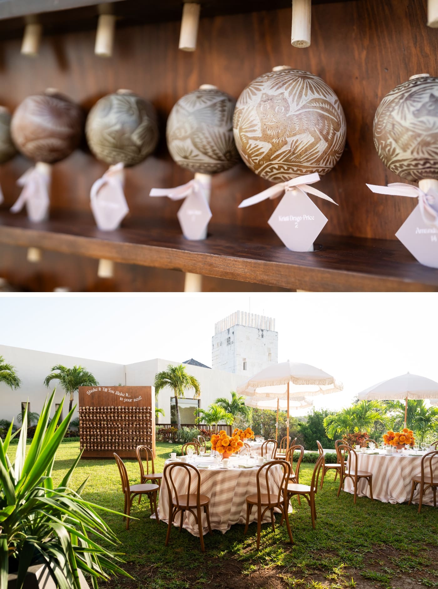 Hand-carved wooden maracas tied with name tags as a seating chart for a conference