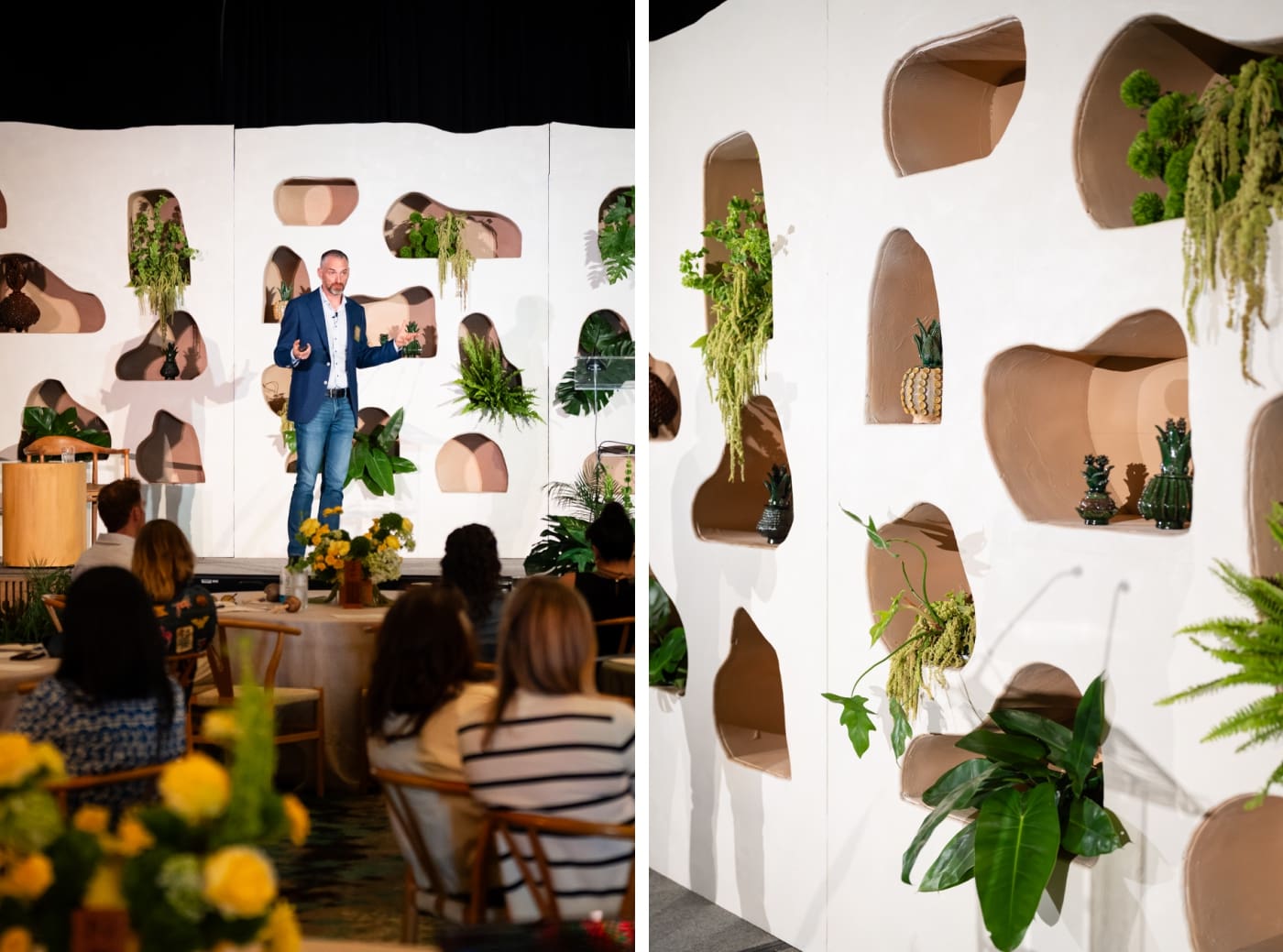 A tropical-inspired backdrop for a conference stage