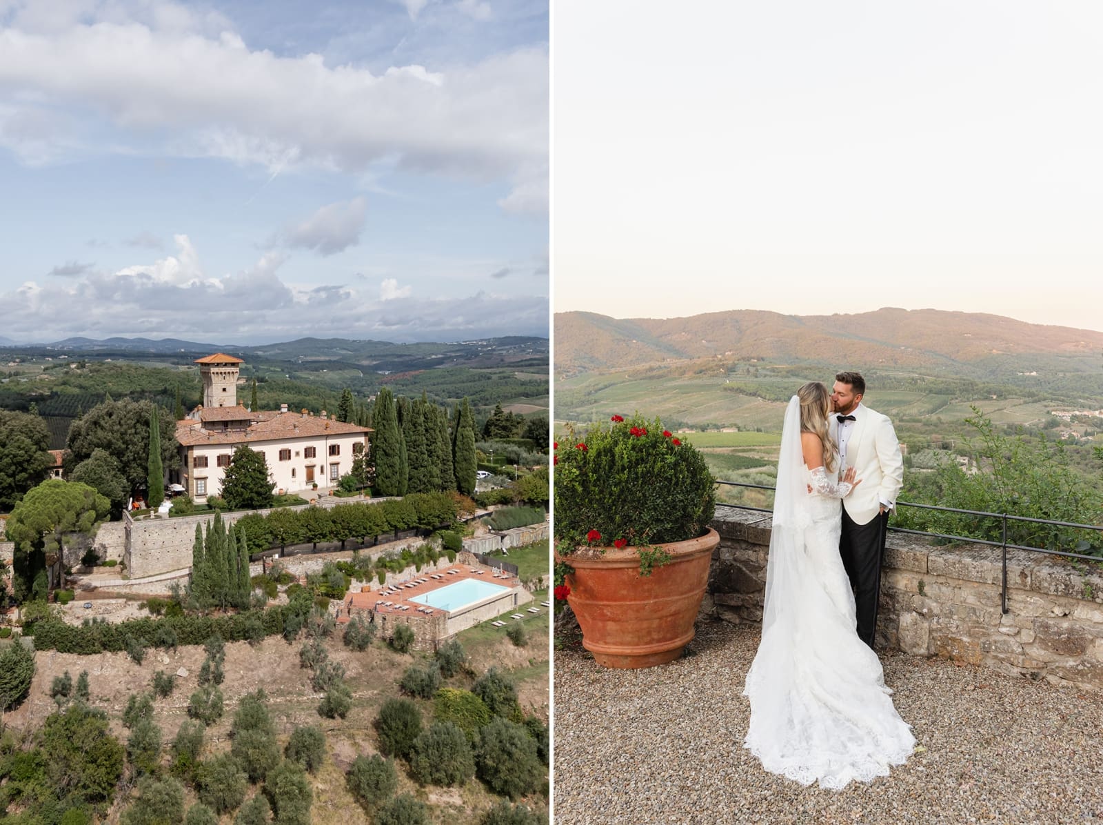 Castello Vicchiomaggio, a white and stone wedding venue in Chianti, Italy, overlooking vineyards