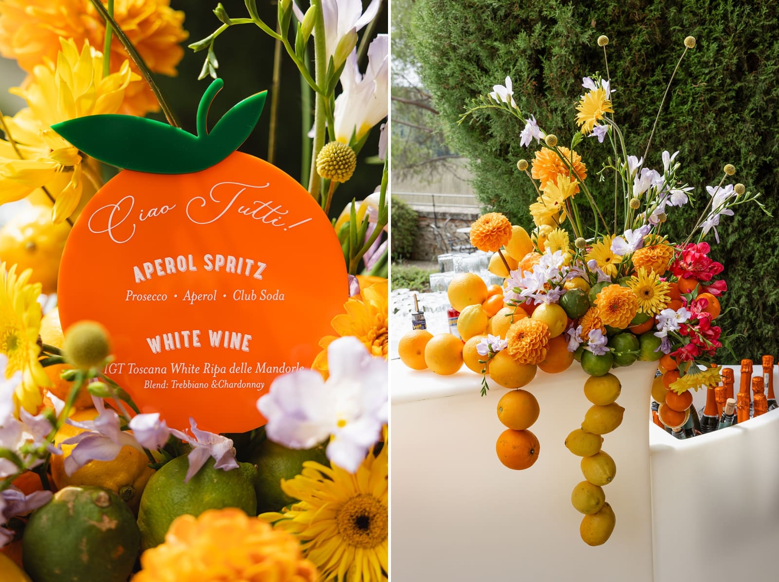 An orange-shaped bar menu at a welcome party at Castello Vicchiomaggio