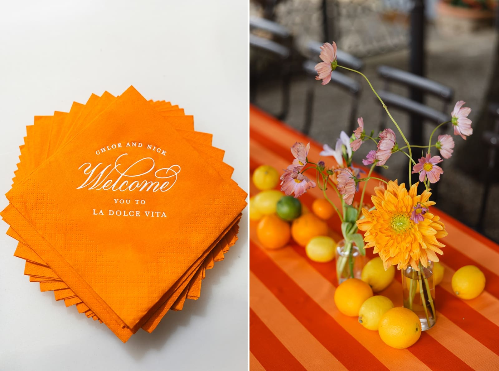 Custom orange cocktail napkins welcoming guests to a welcome party at Castello Vicchiomaggio