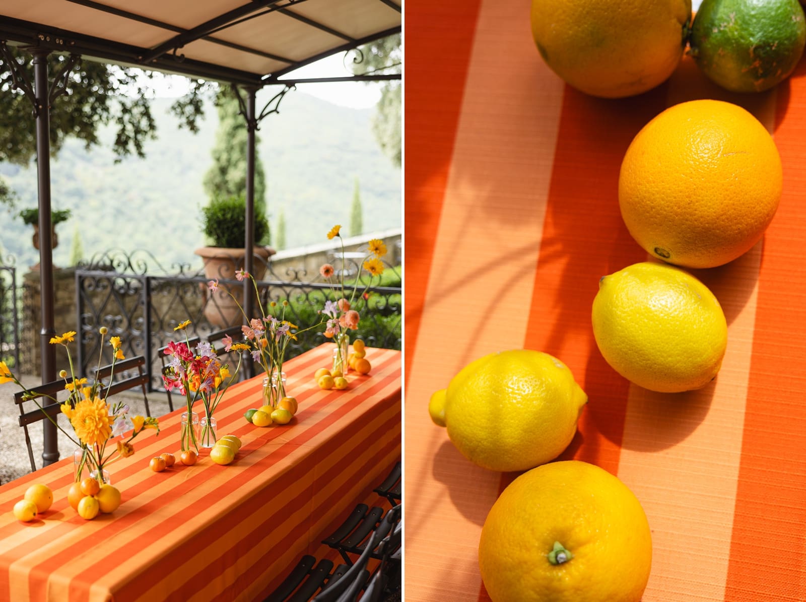 A citrus-themed welcome party in an open air pavilion at Castello Vicchiomaggio