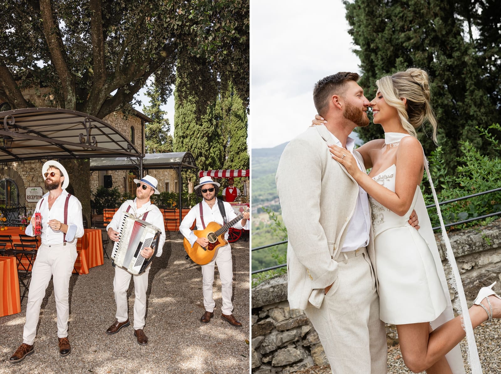 A bride and groom enter their wedding welcome party while a band plays
