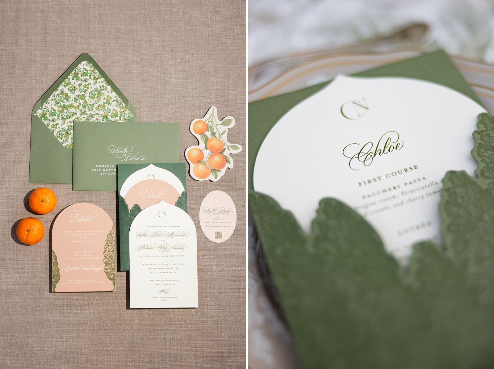 Wedding stationery designed to reflect the Cyprus trees around Castello Vicchiomaggio