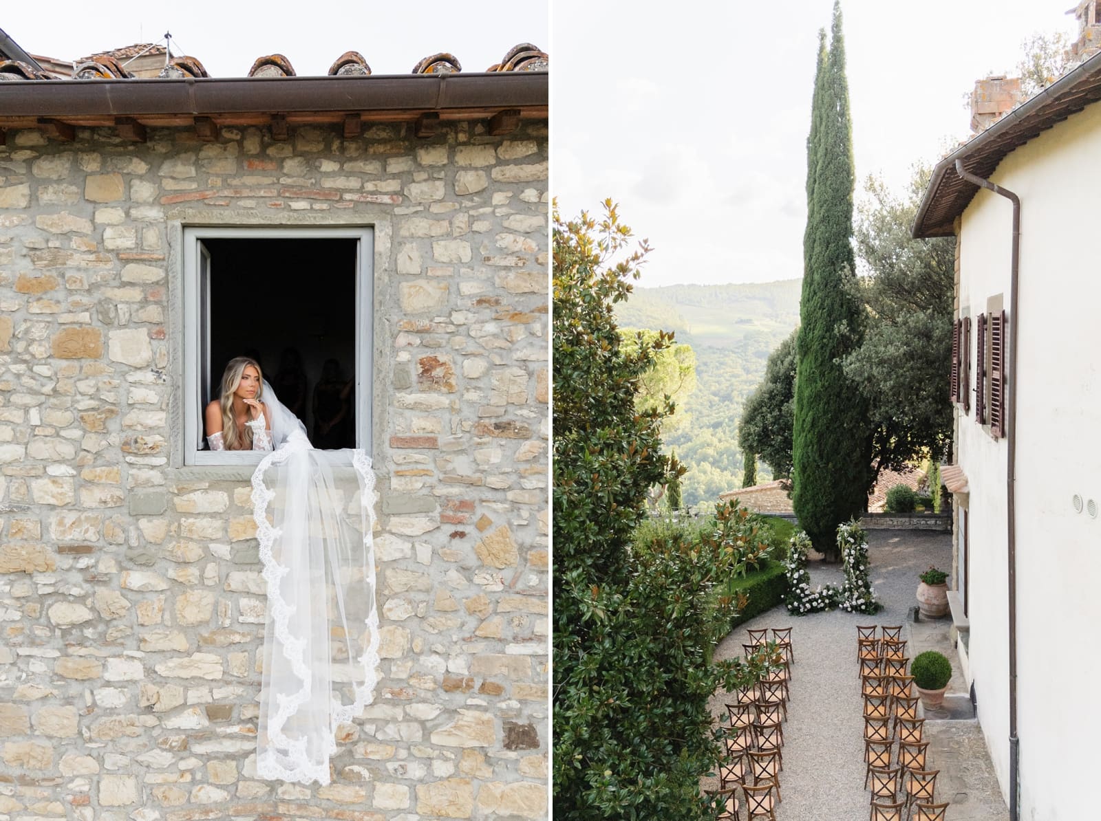 A bride looks out of the window of Castello Vicchiomaggio, her veil cascading downward