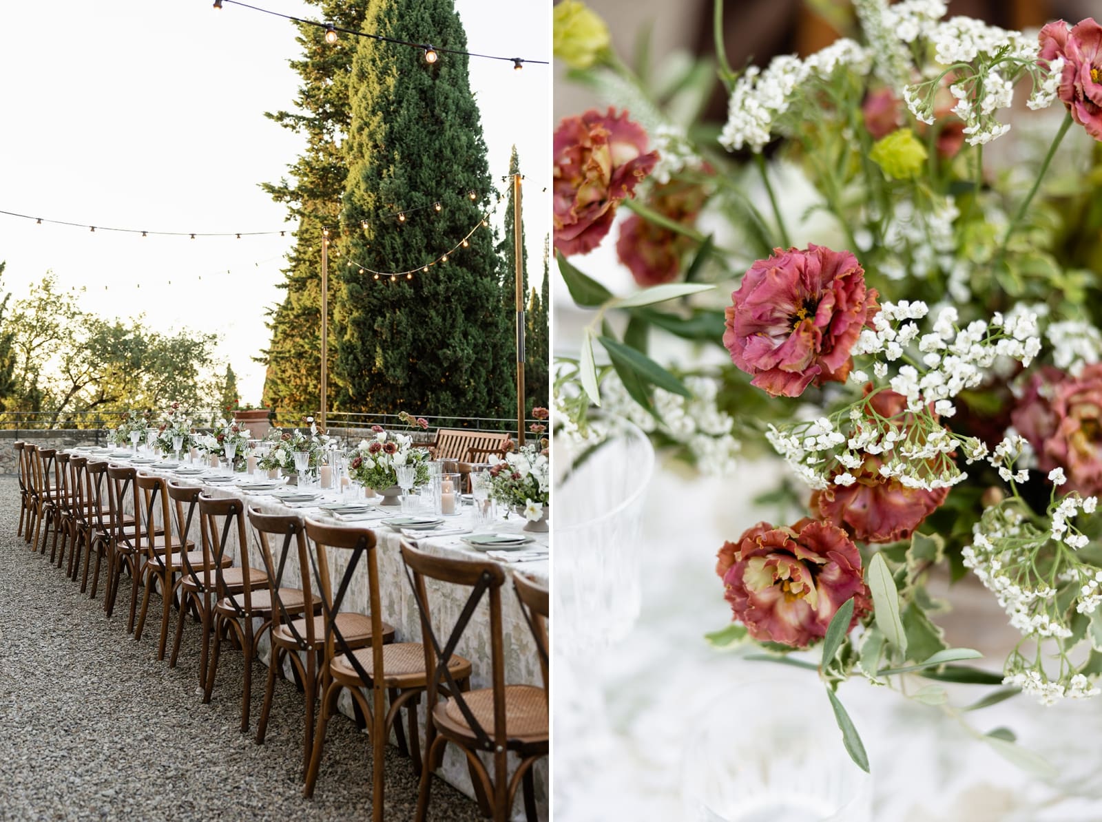 Rust-colored rose centerpieces at an outdoor wedding reception at Castello Vicchiomaggio
