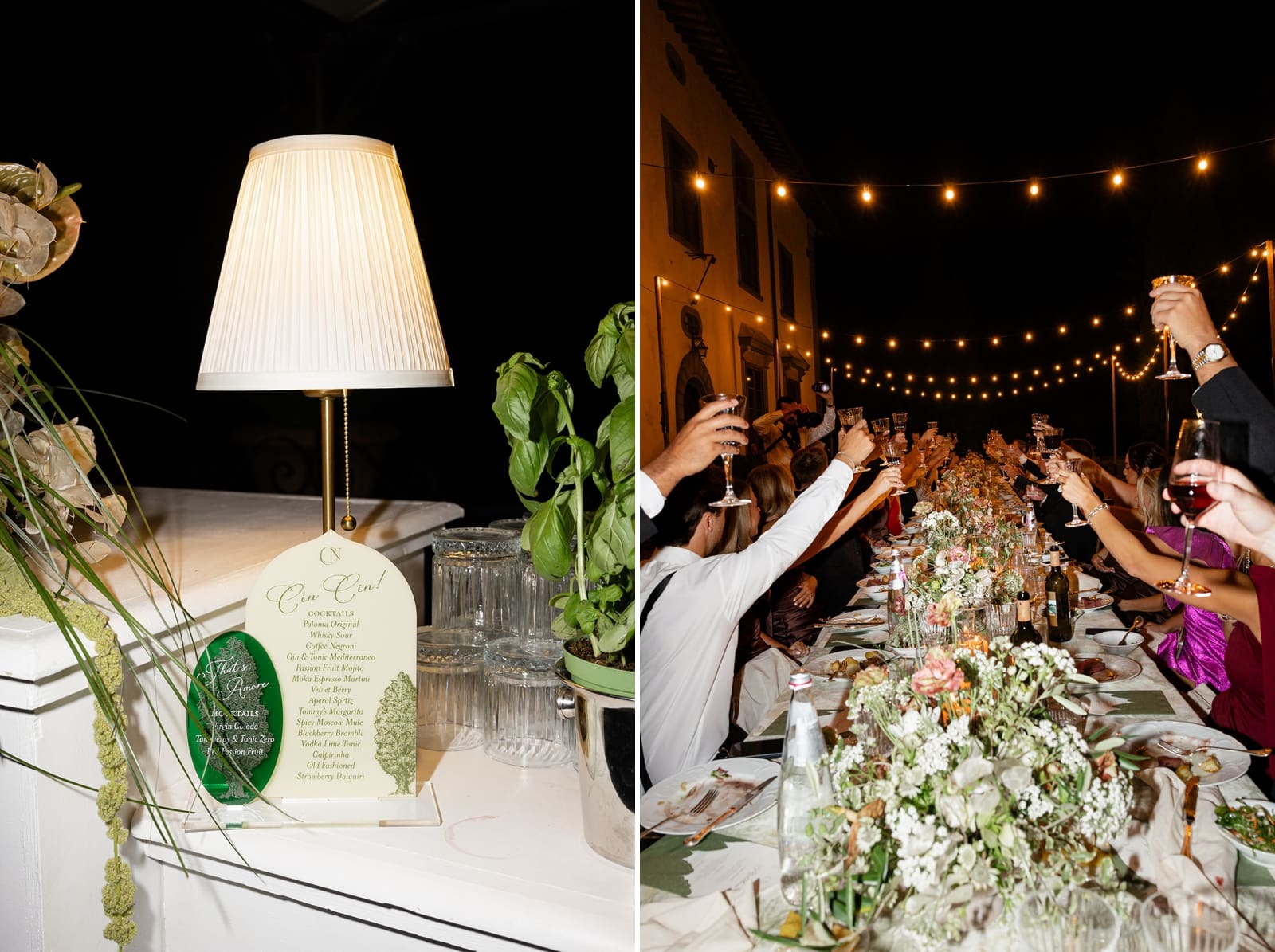 A green and beige bar menu leaning against a lamp at a wedding reception
