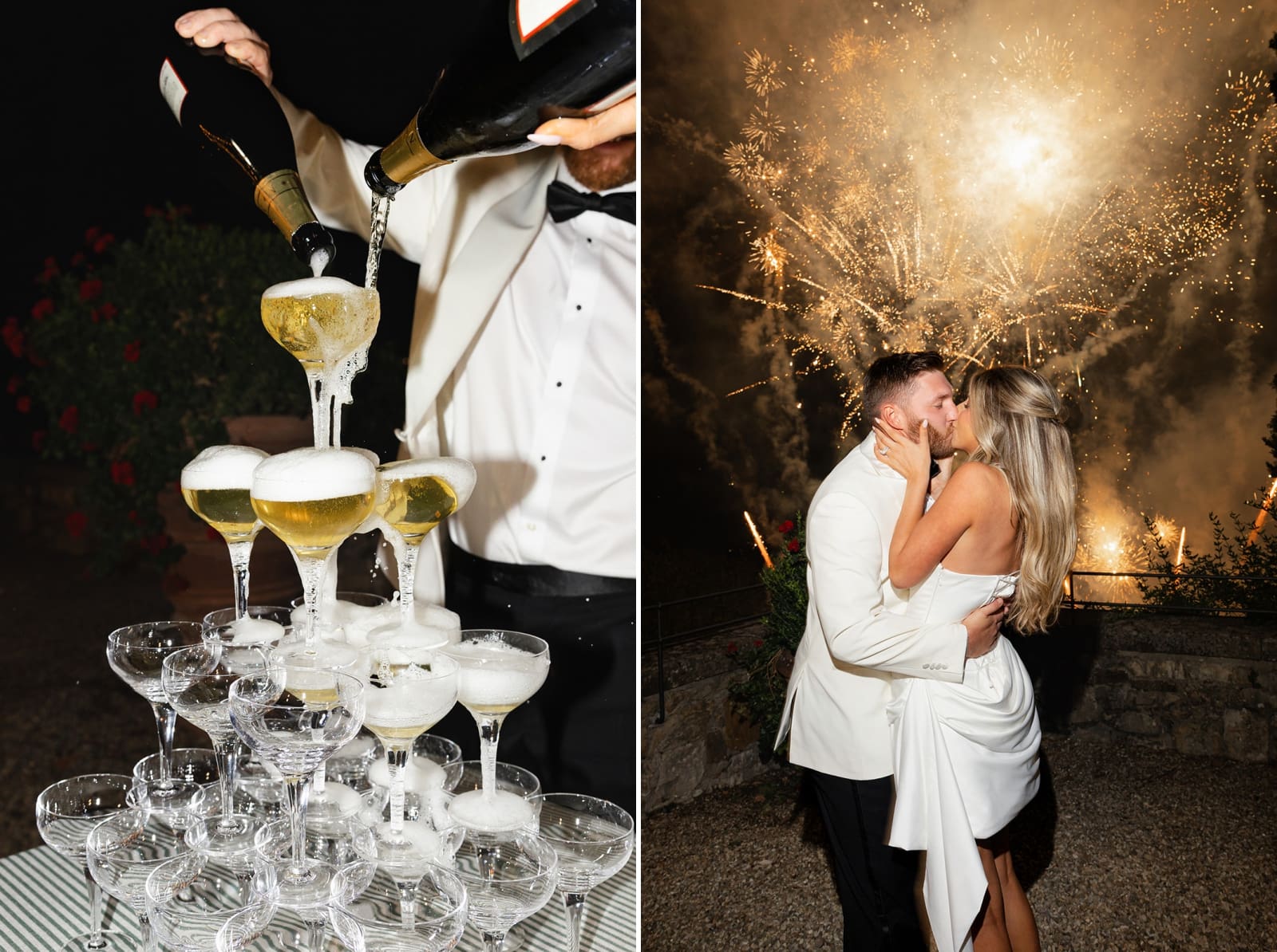 A bride and groom kiss as golden fireworks explode behind them