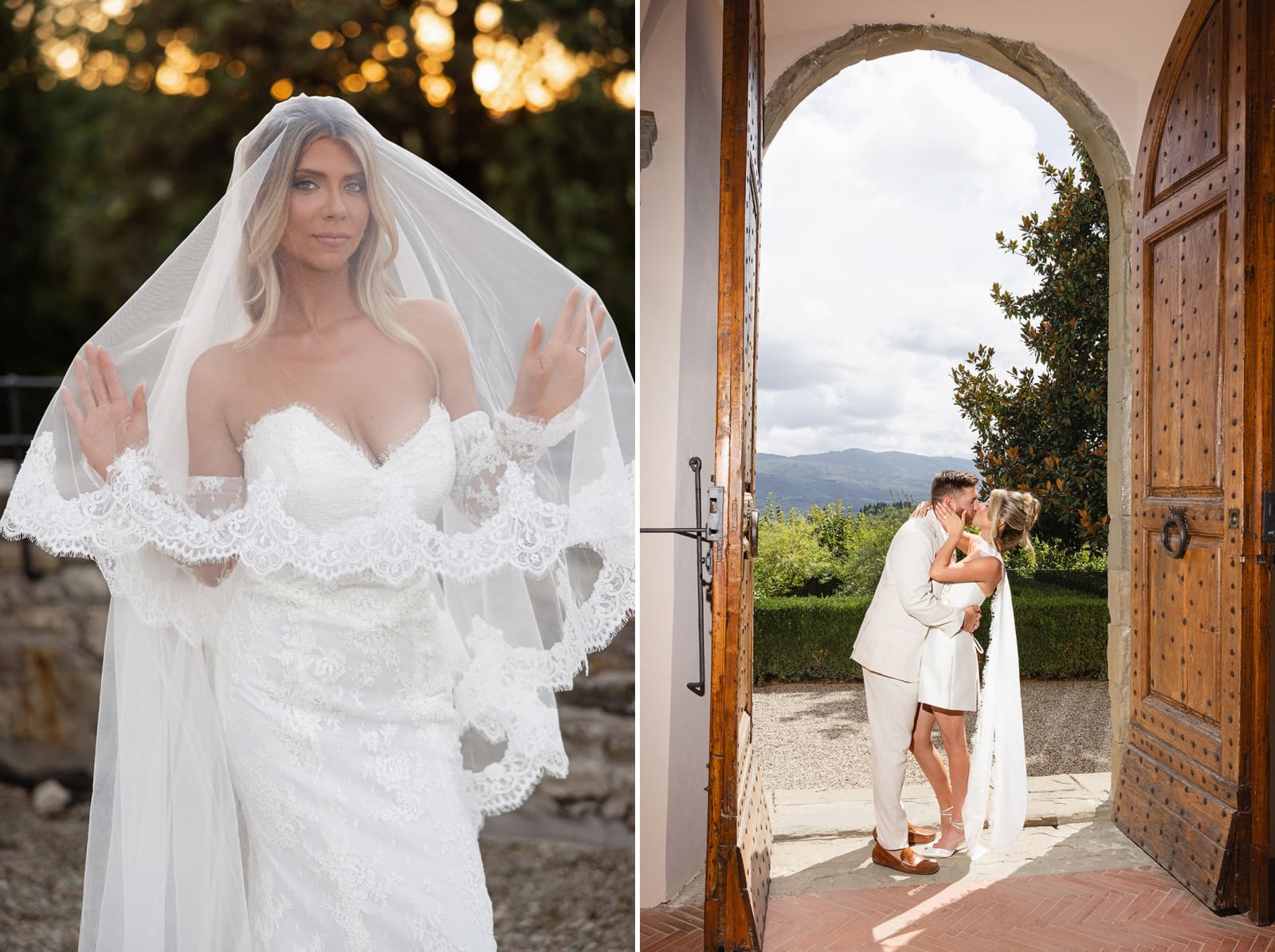 A bride and groom kiss beneath the large archway at Castello Vicchiomaggio