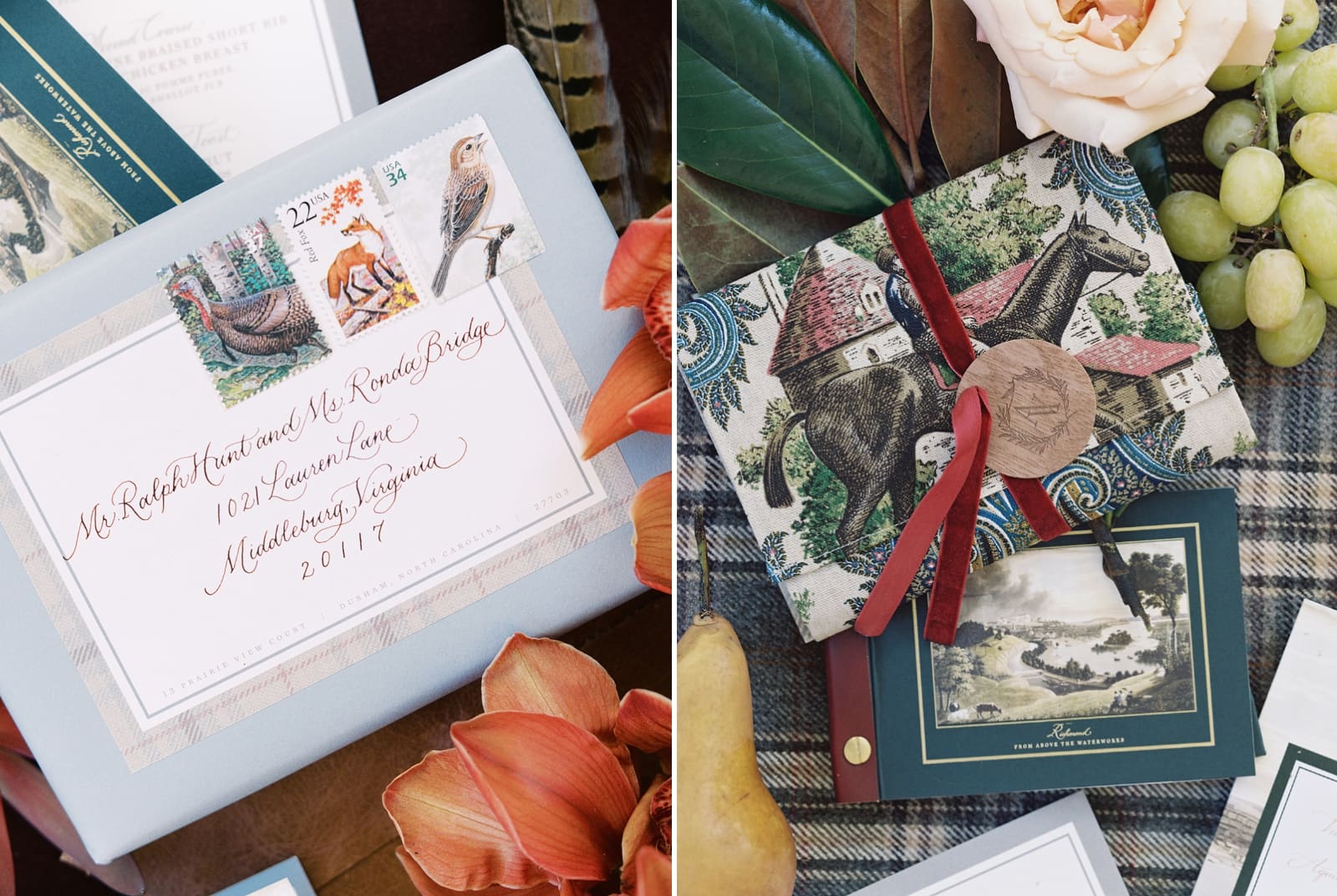 Wedding stationery with an illustrated horse and a red velvet wedding for a wedding at Dover Hall