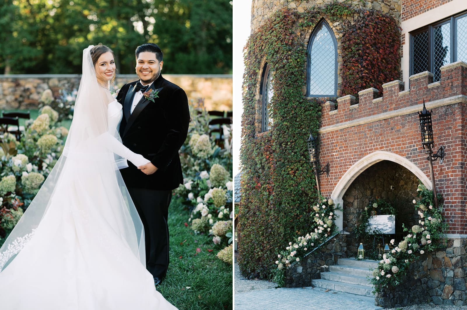 Ivy grows over a brick tower of Dover Hall, a wedding venue in Manakin-Sabot, Virginia
