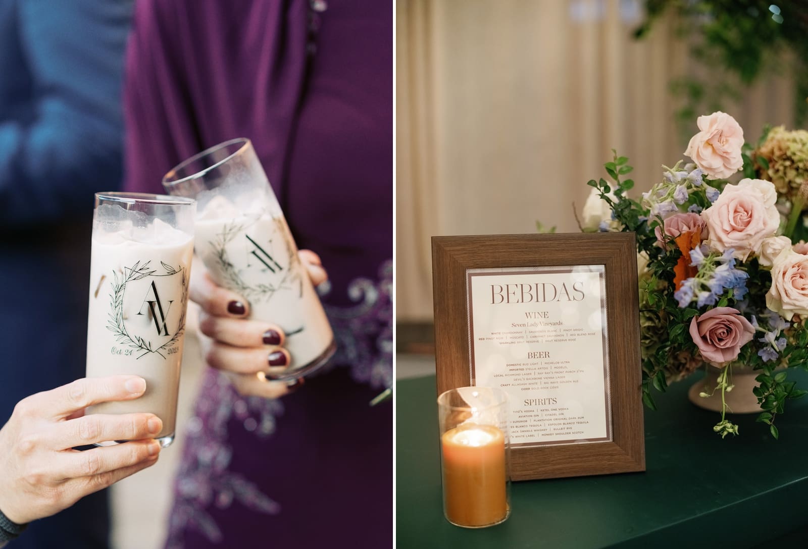 Tall glasses etched with a wedding monogram