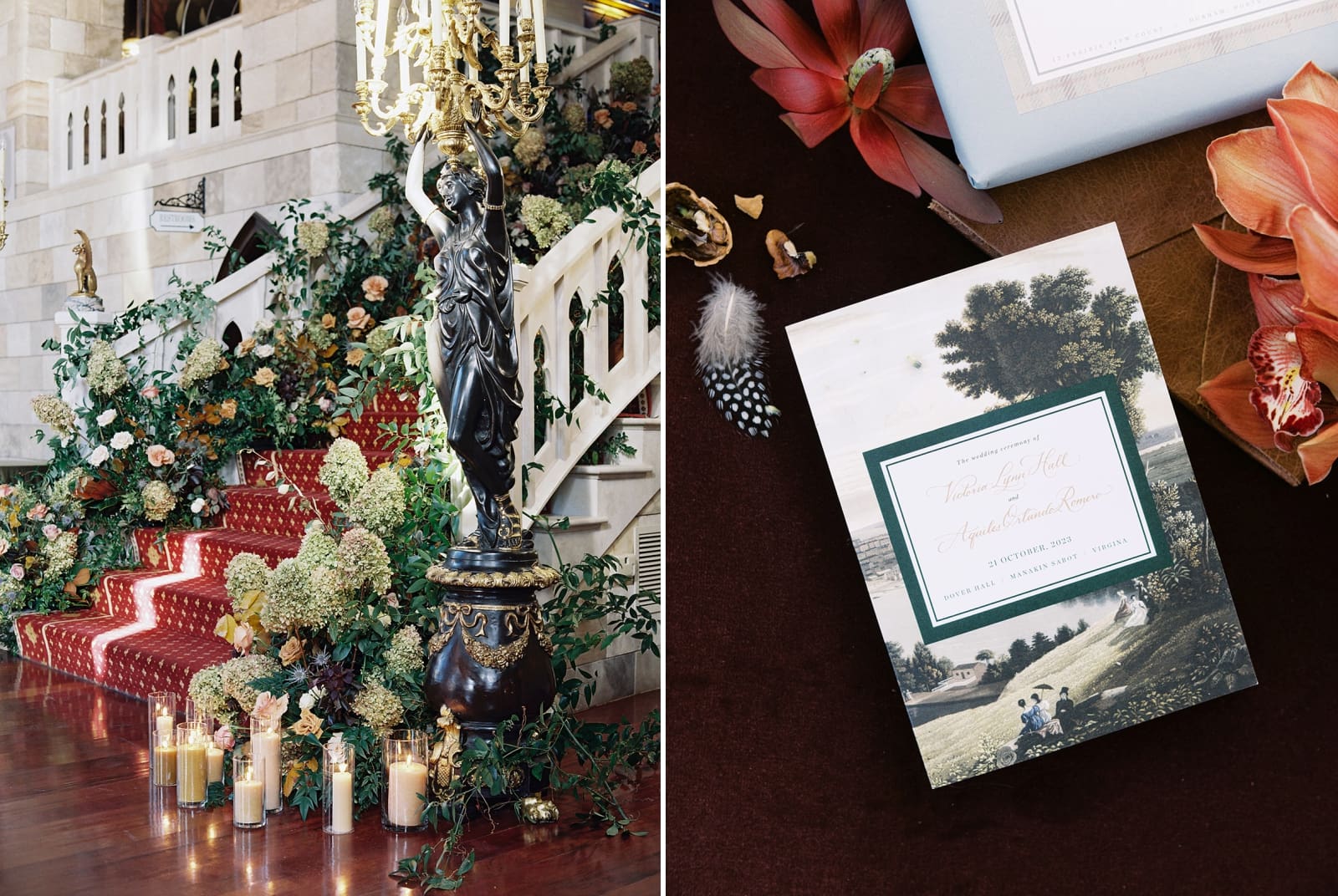 The large spiral staircase at Dover Hall covered with flowers and decorated with candles