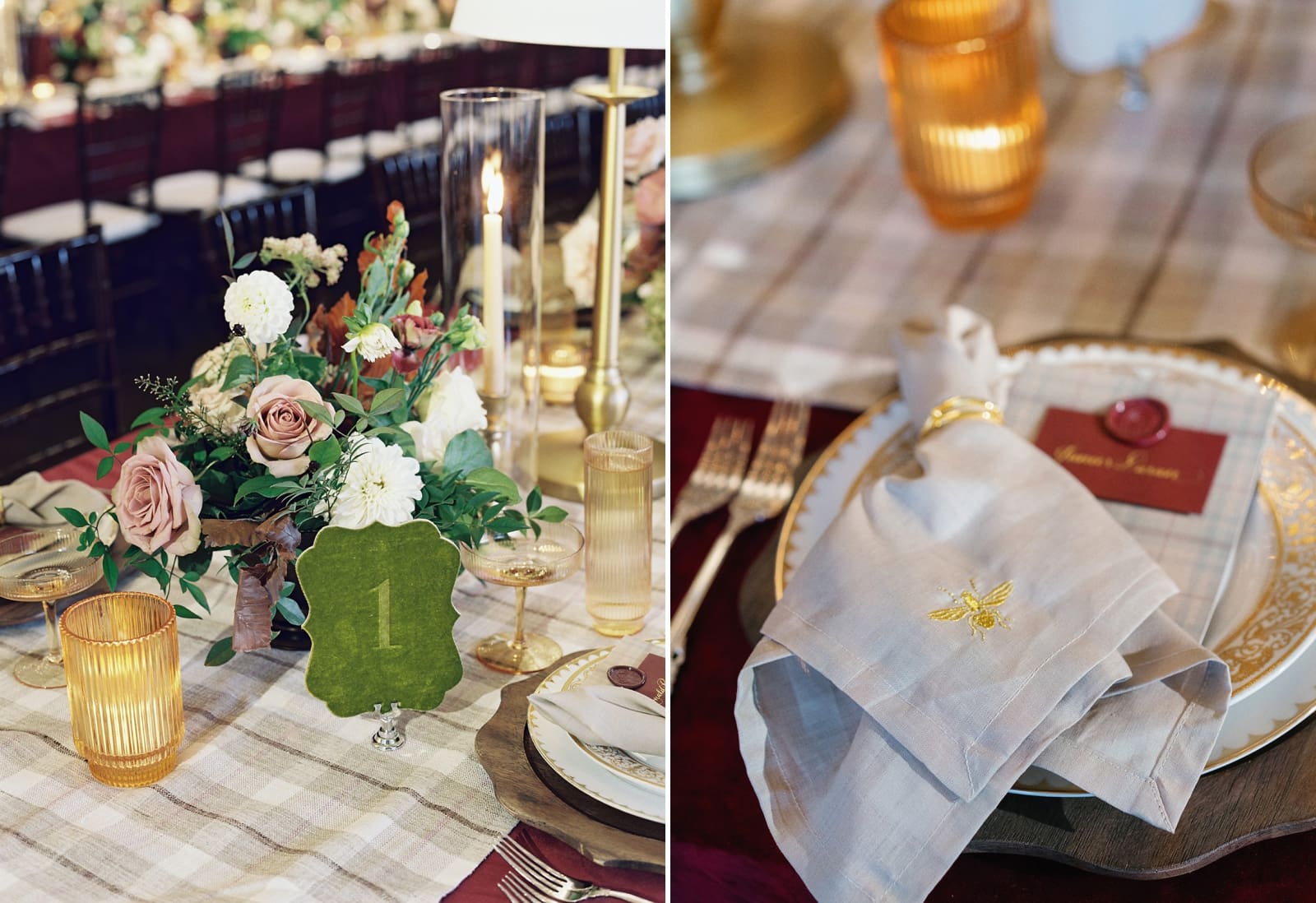 Green velvet table numbers on plaid table runners at a wedding reception at Dover Hall