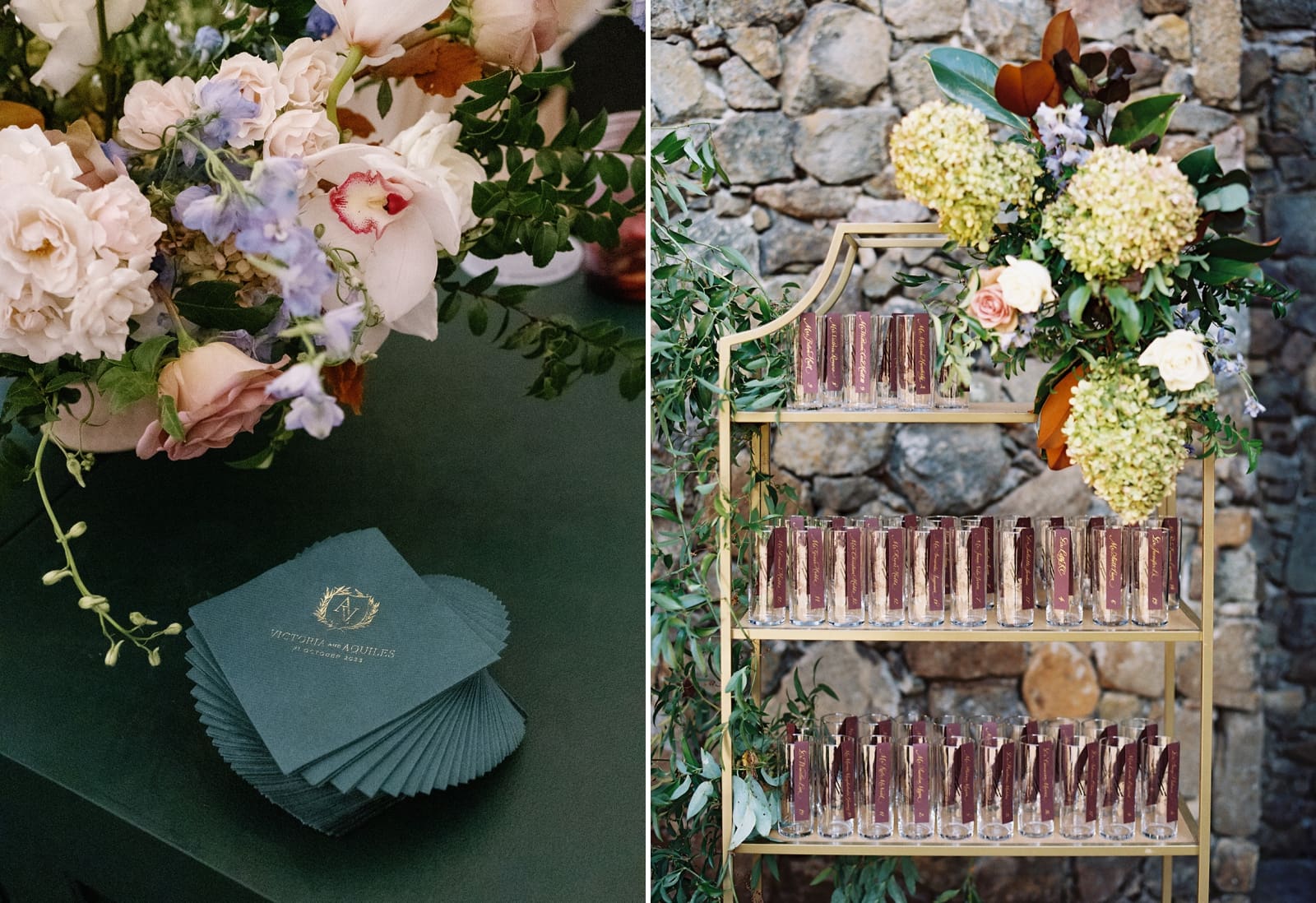Green cocktail napkins embossed with a wedding monogram in gold