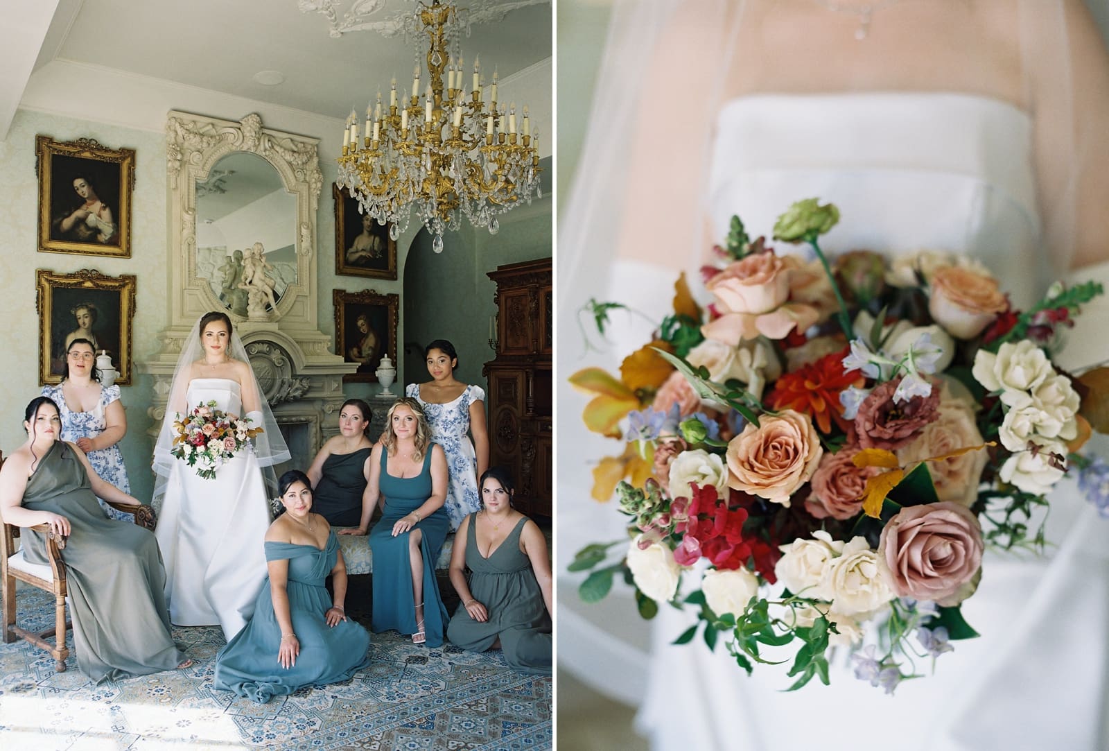 A bride in a white dress and her bridesmaids in blue get dressed for a wedding ceremony at Dover Hall