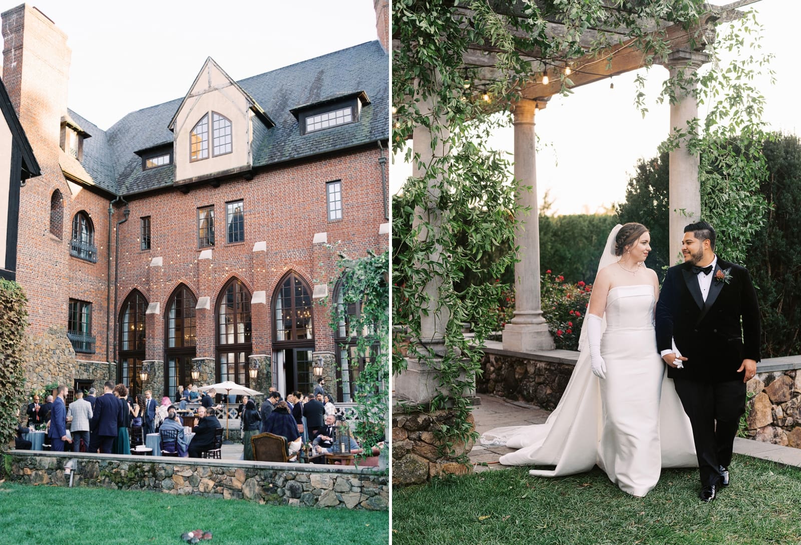 A bride and groom walk beneath a vine-covered pergola at Dover Hall in Manakin-Sabot, Virginia