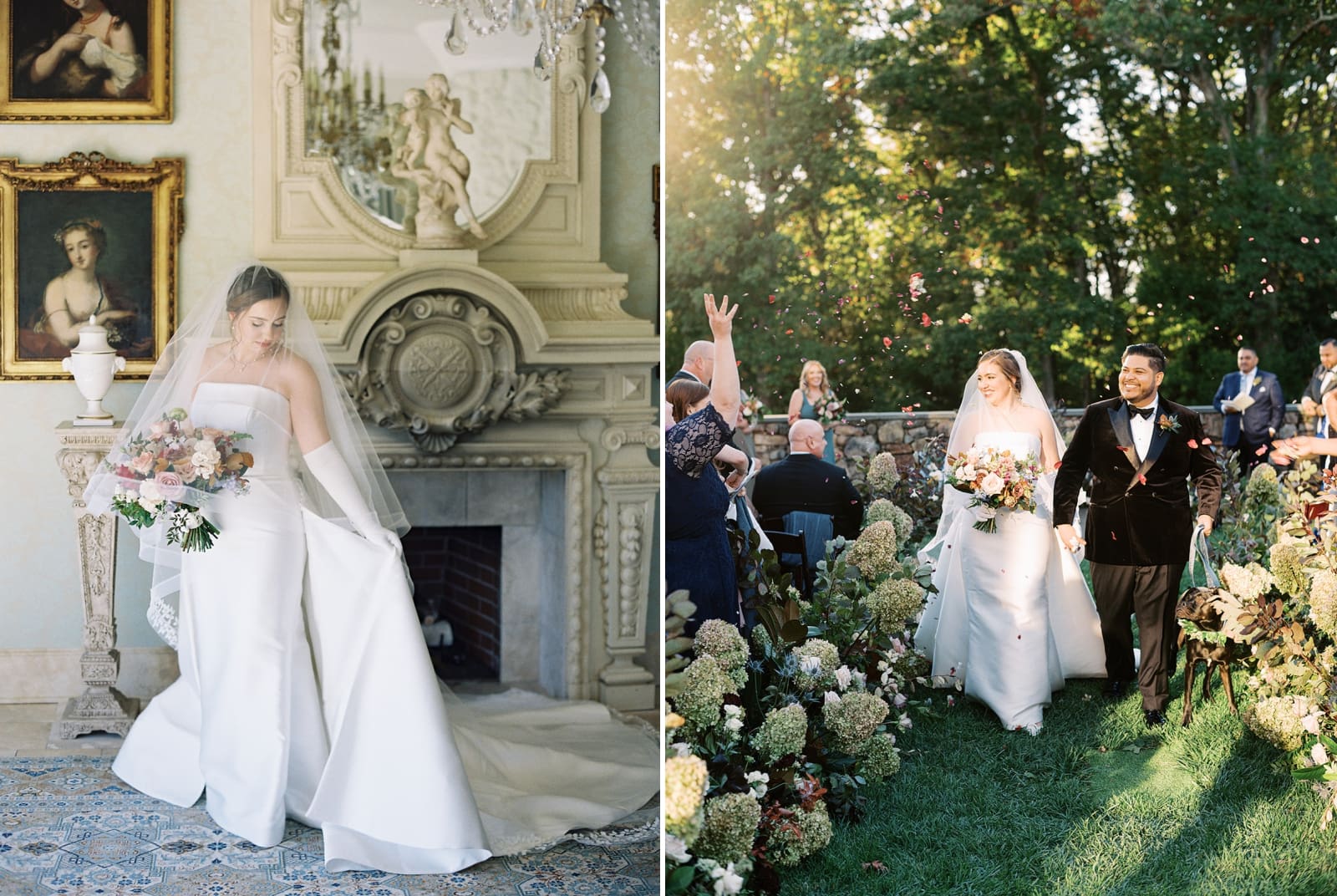 A bride and groom walk back up the wedding aisle lined with hydrangeas