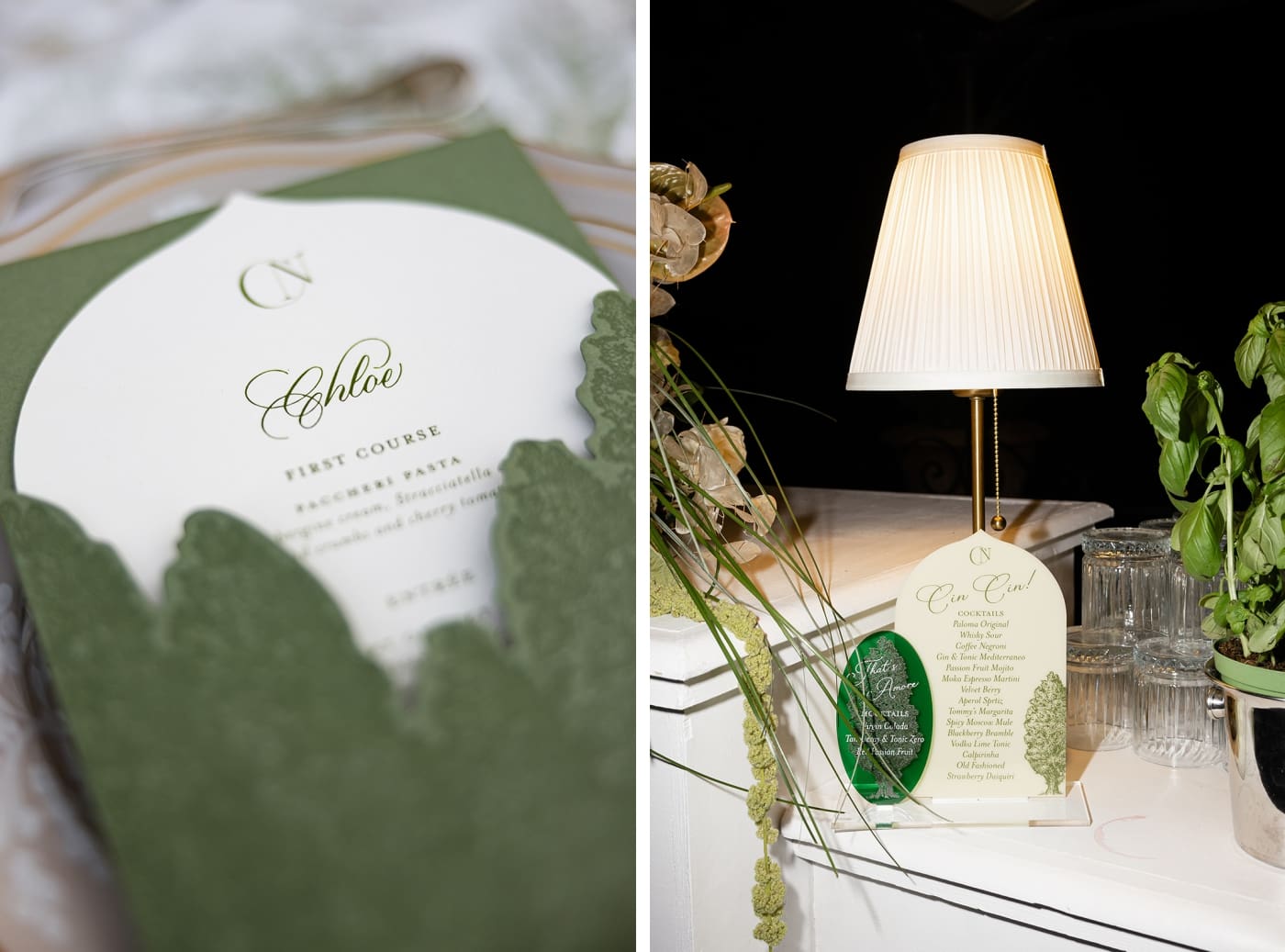 A menu at a wedding with a folder shaped like Cyprus trees 