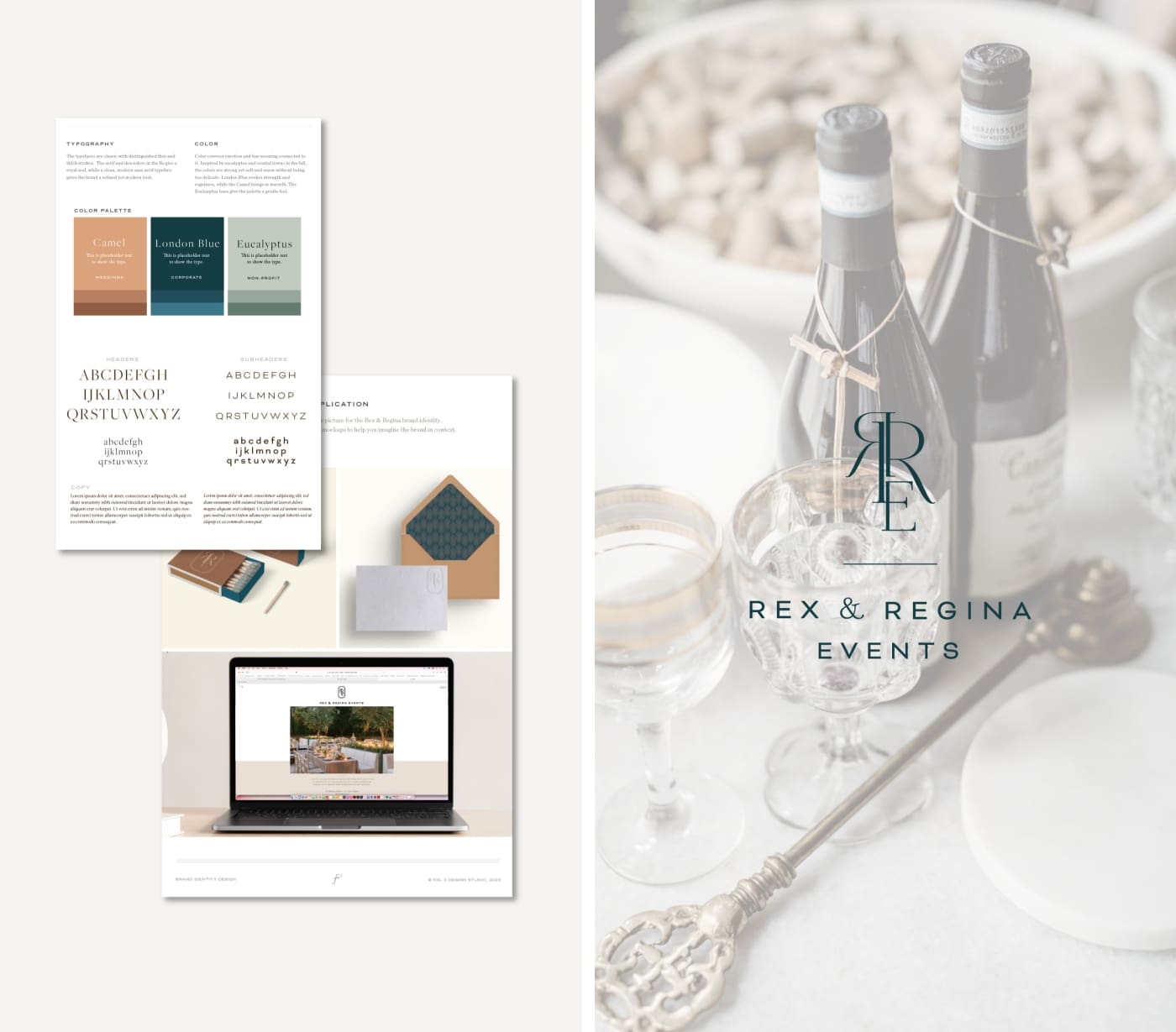 A visual identity document with color palette and typography descriptions, and a website mockup for a wedding planner 