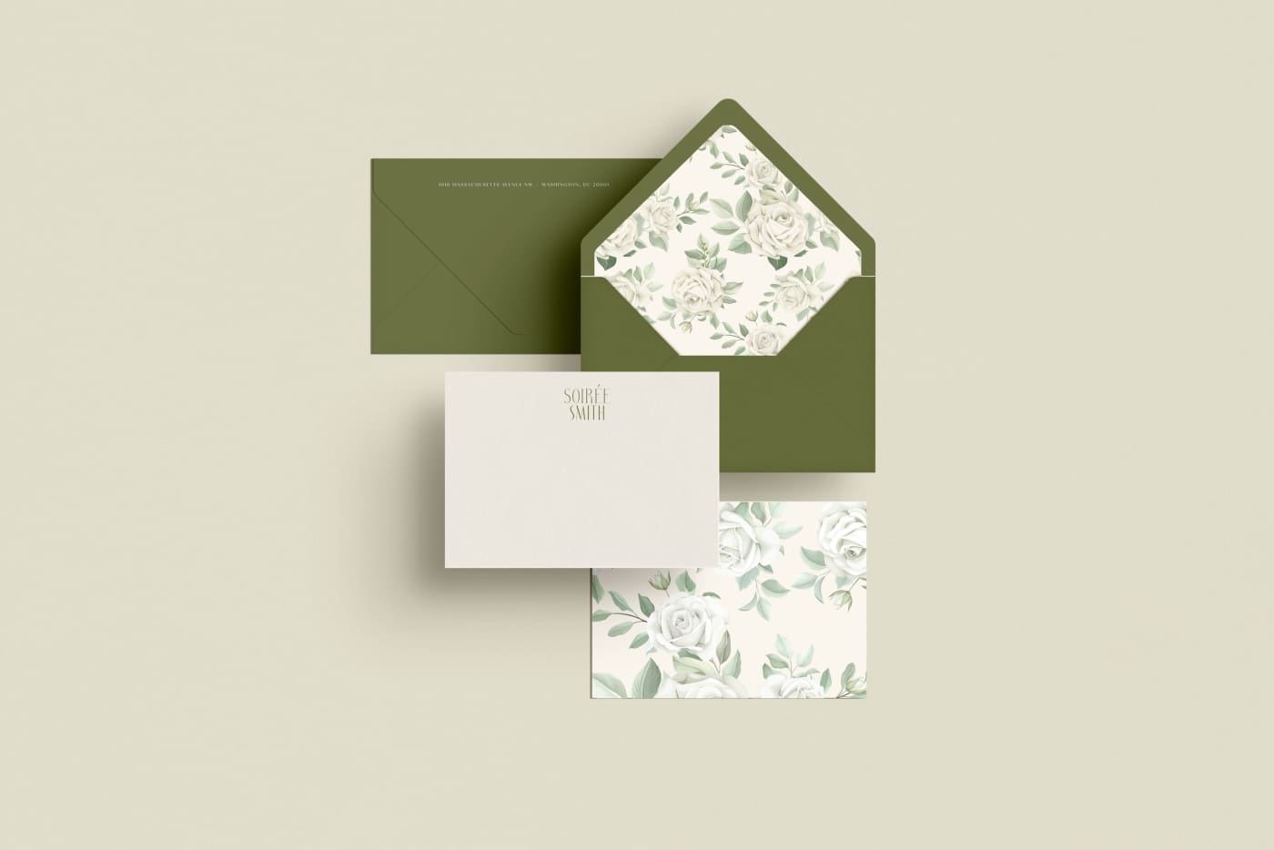 An olive green, floral stationery set by a brand and web designer