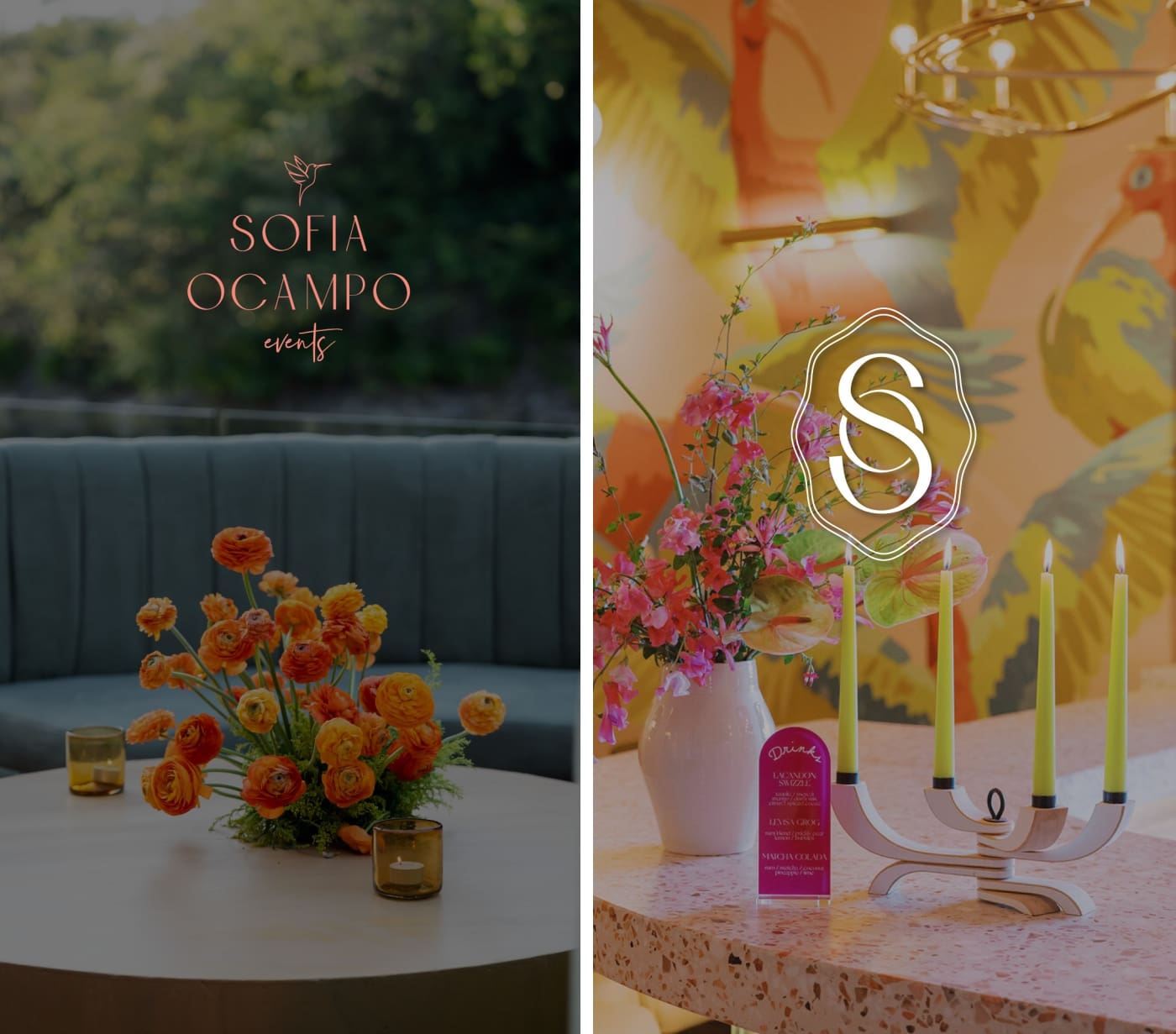 A monogram-style logo placed over an image of flowers and colorful candles