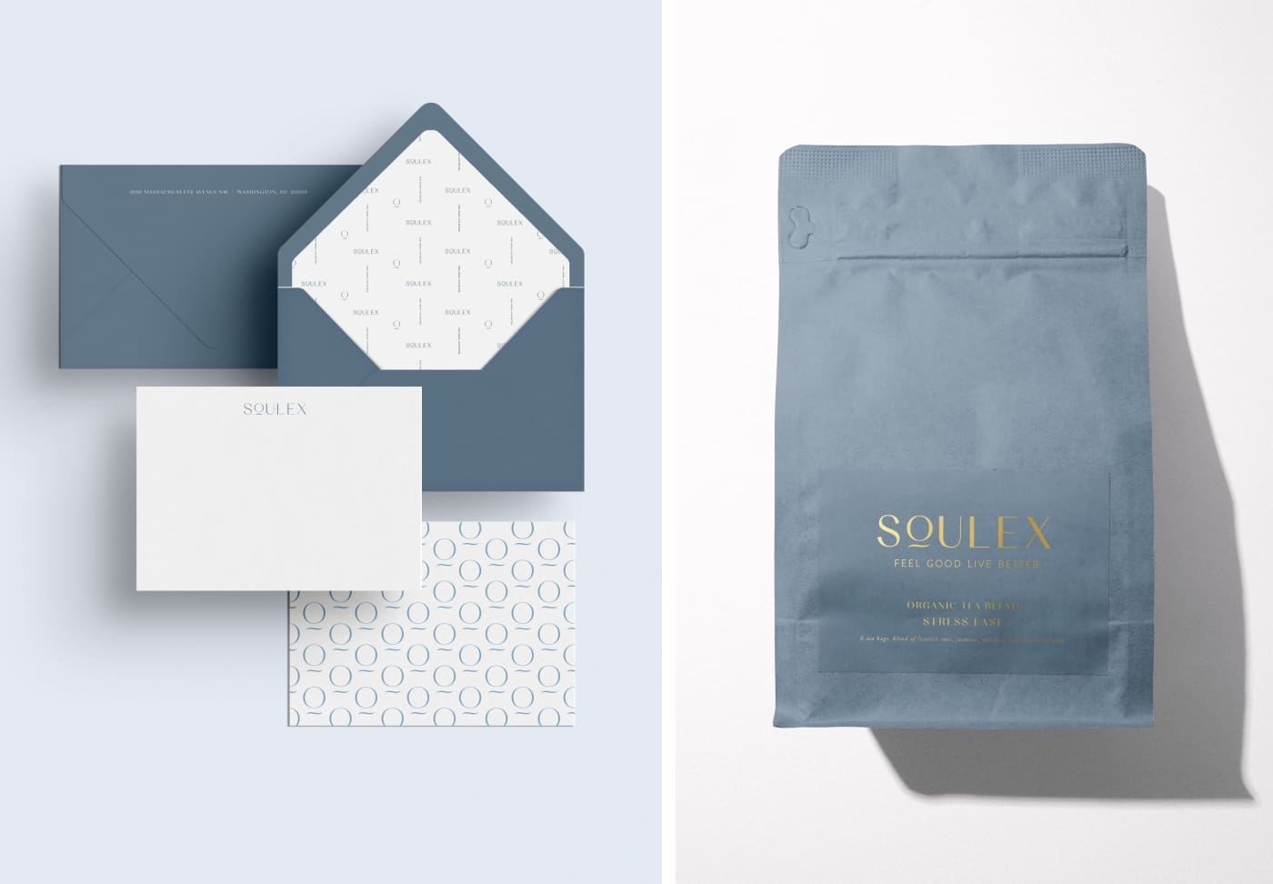 A blue bag of loose-leaf tea with gold lettering