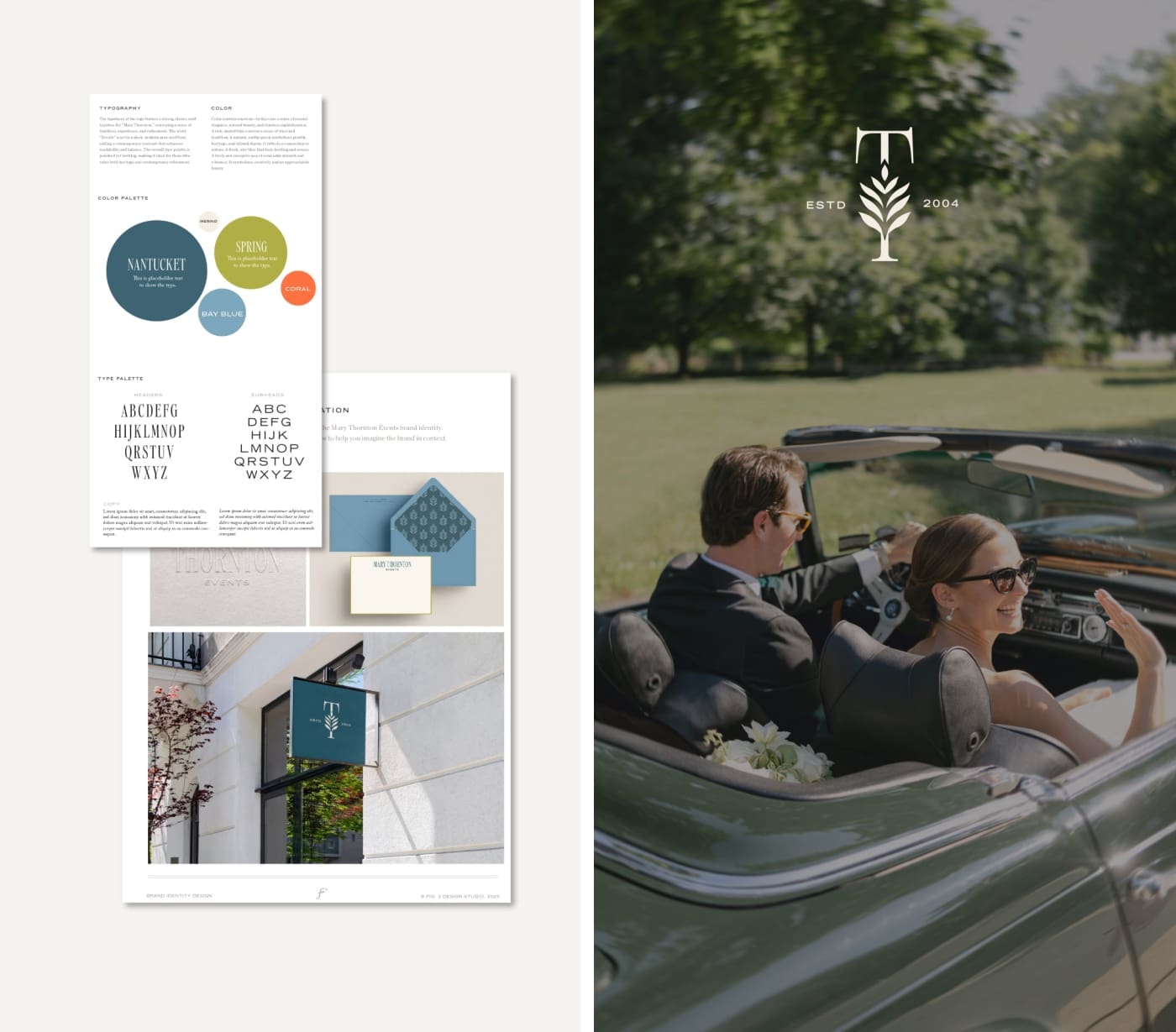 A monogram style logo overlayed over a wedding photo of a couple in a convertible car 