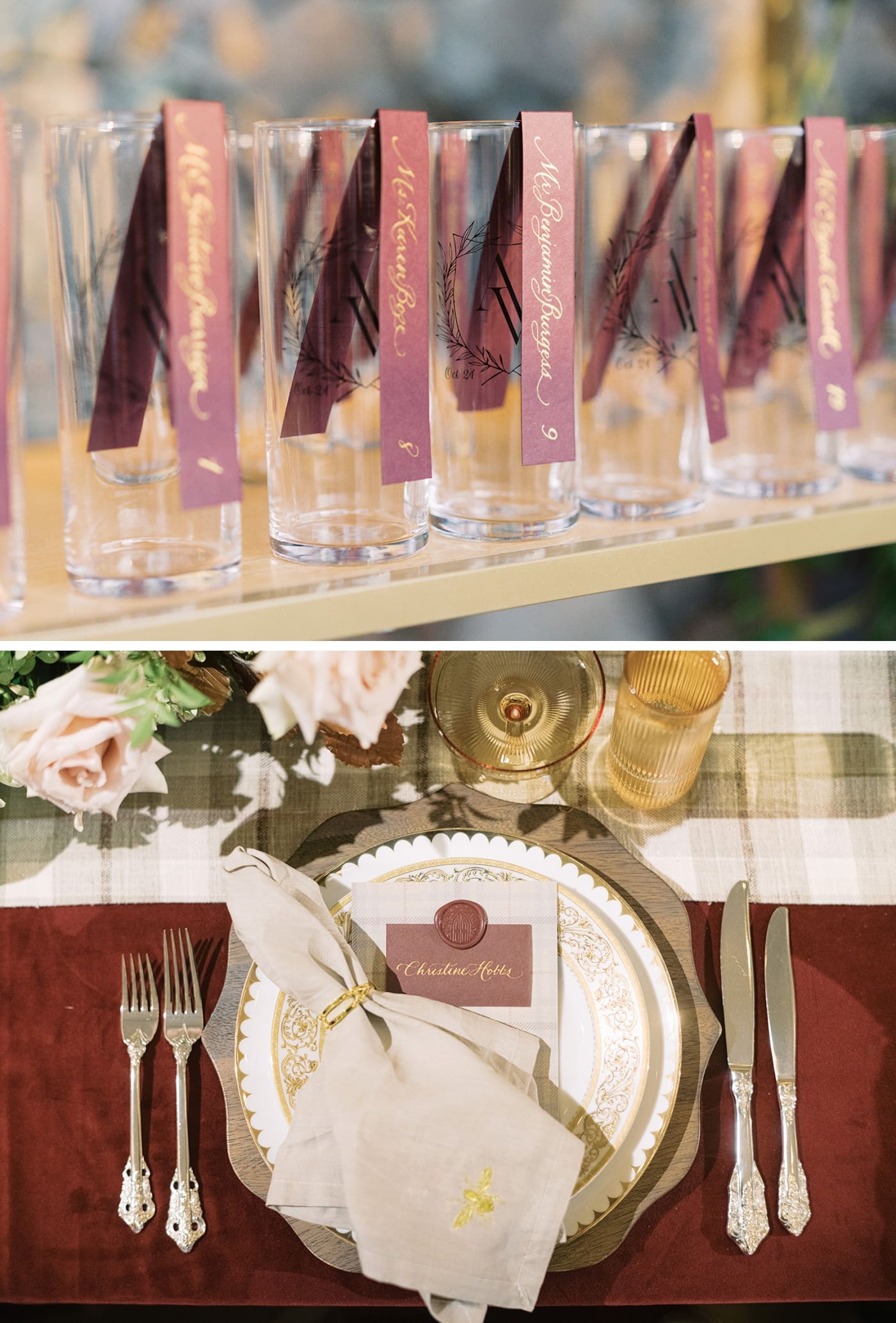 A formal place setting on a burgundy tablecloth