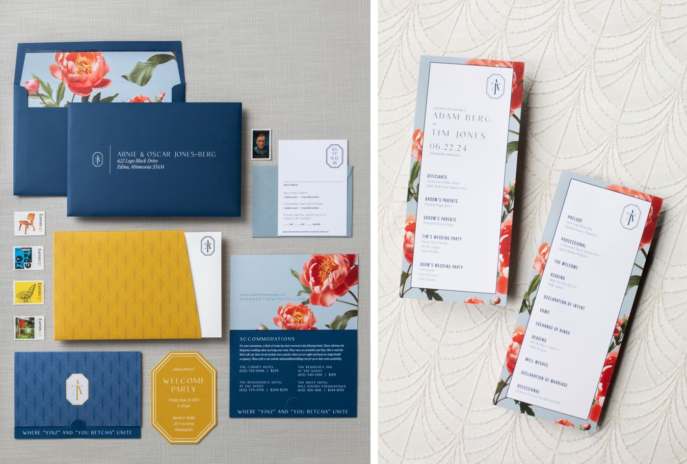 A flat lay of a wedding invitation suite in royal blue and gold with floral accents