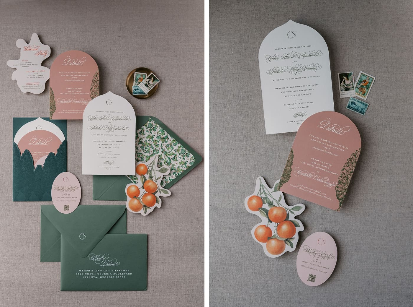 A flat lay of wedding invitations to a wedding in Tuscany with rounded paper