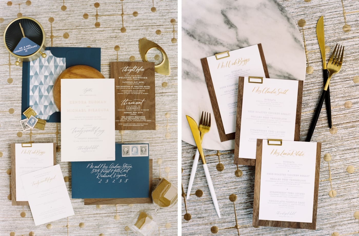 A flat lay of wedding invitations in blue and bronze, and a wedding menu on a mini wooden clipboard