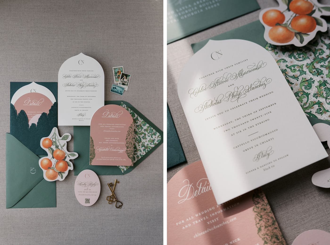 A wedding invitation on white paper shaped to resemble an archway