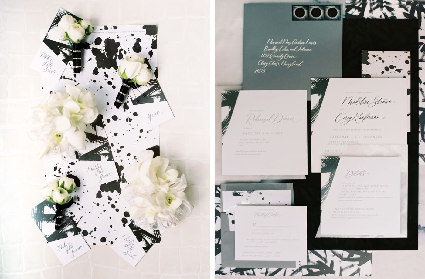 Creative wedding invitations with gunmetal colored brushstroked